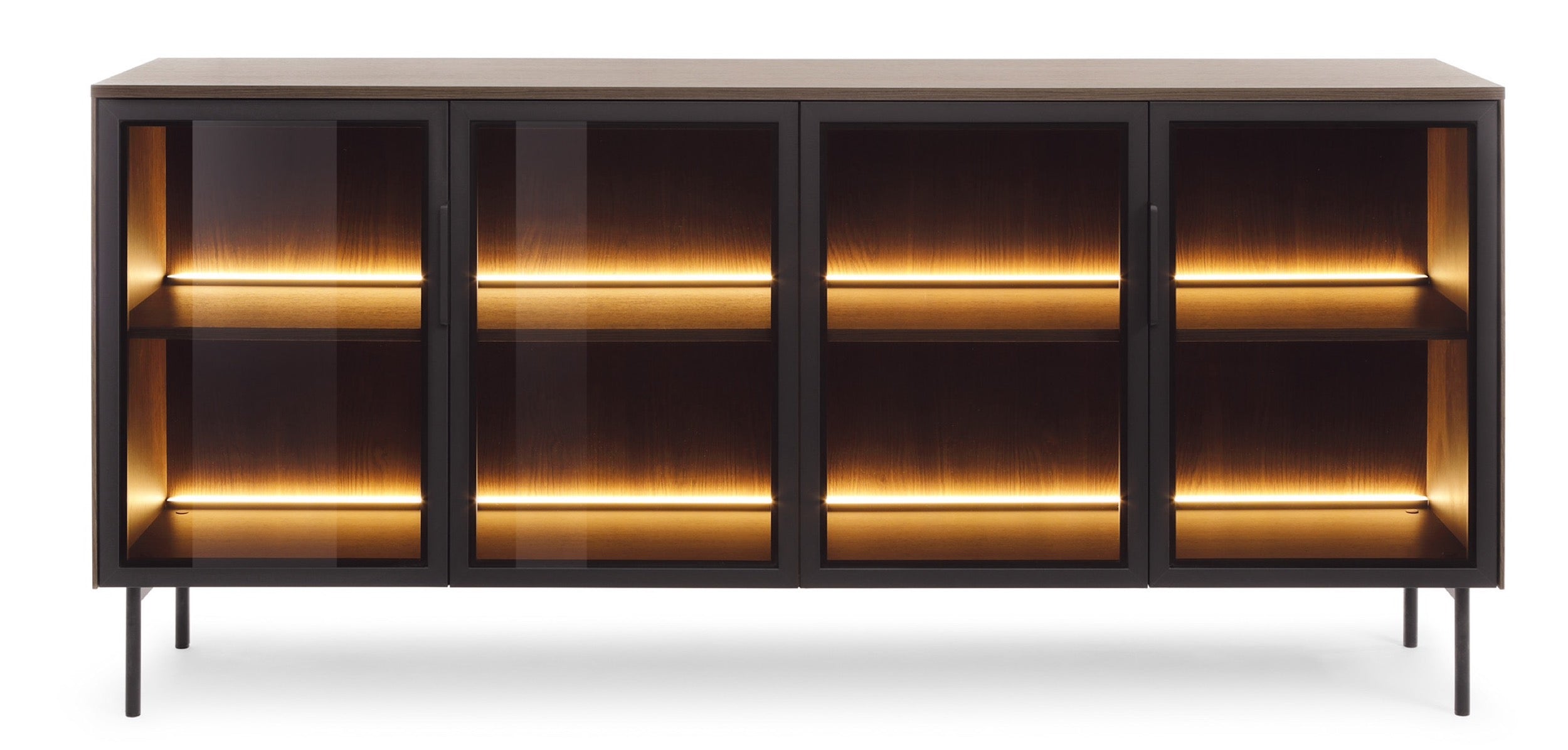 Vierteilige Glaskommode Lumi mit Beleuchtung, 181 cm, Eiche Dunin