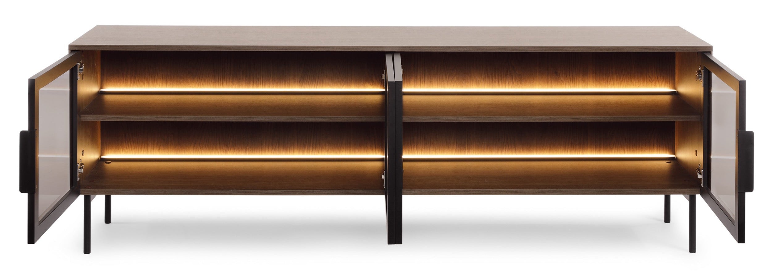 Viertrügige TV-Kommode Lumi mit Glastüren und Beleuchtung, 181 cm, Eiche Dunin