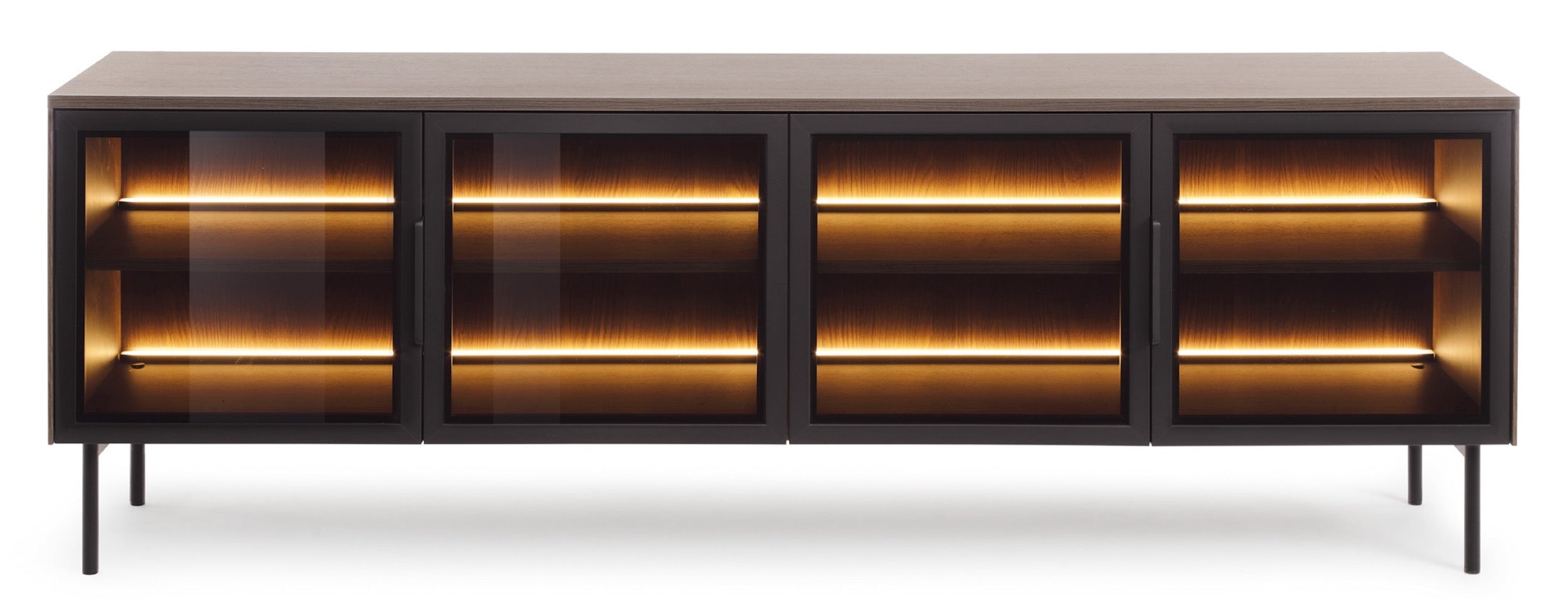 Viertrügige TV-Kommode Lumi mit Glastüren und Beleuchtung, 181 cm, Eiche Dunin