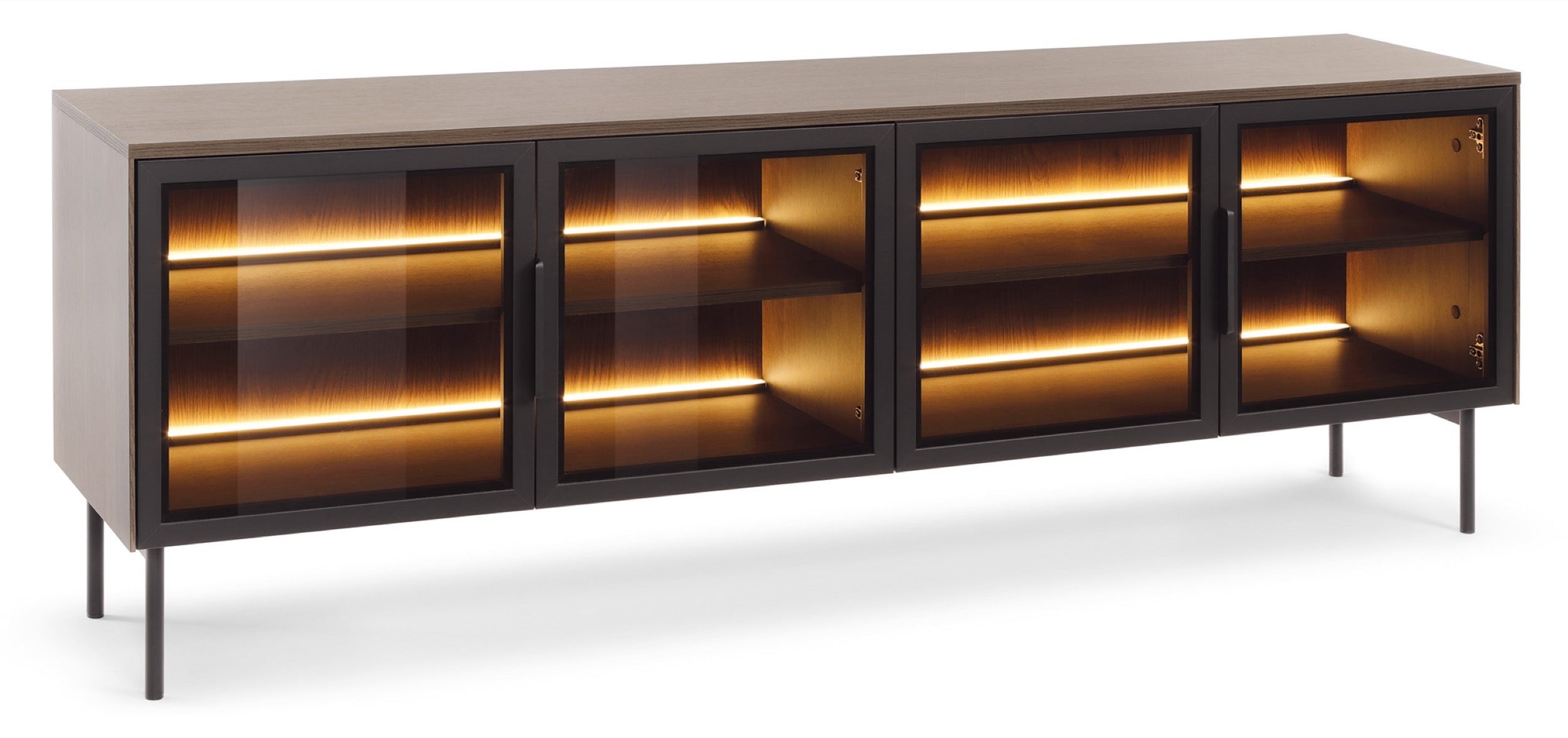 Viertrügige TV-Kommode Lumi mit Glastüren und Beleuchtung, 181 cm, Eiche Dunin