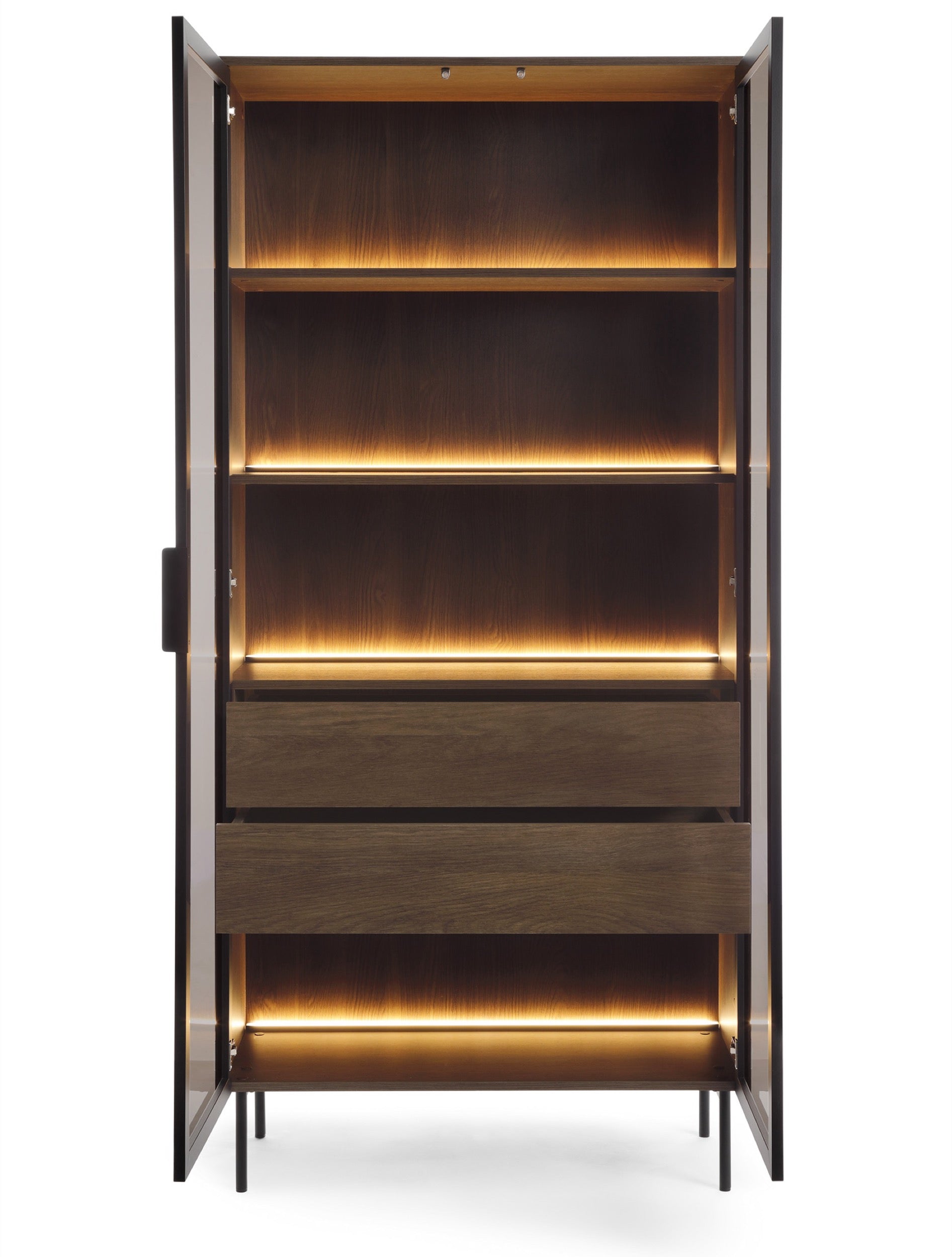Zweiflügelige Glastür-Vitrine Lumi mit zwei Schubladen und Beleuchtung, 91 cm, Eiche Dunin