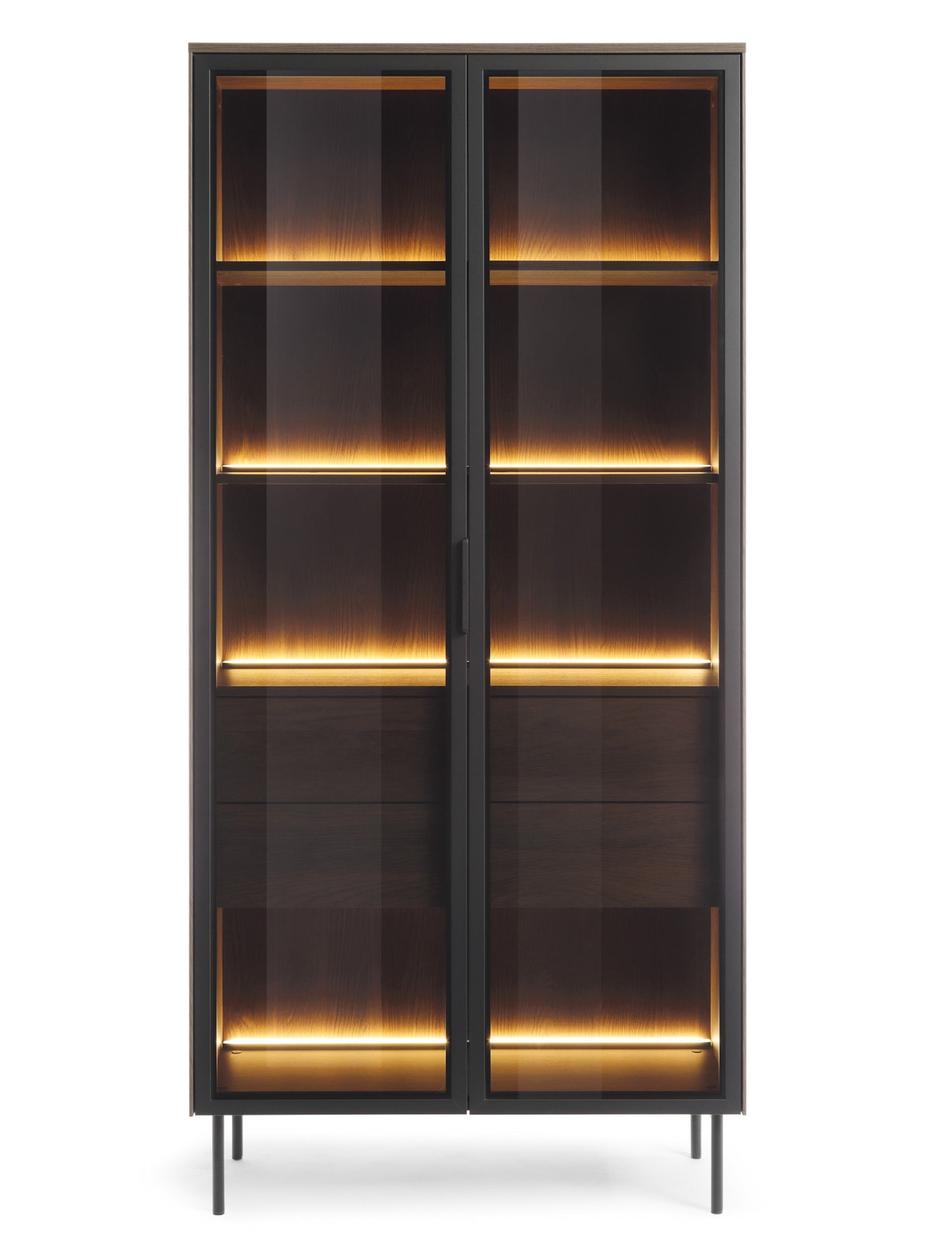 Zweiflügelige Glastür-Vitrine Lumi mit zwei Schubladen und Beleuchtung, 91 cm, Eiche Dunin