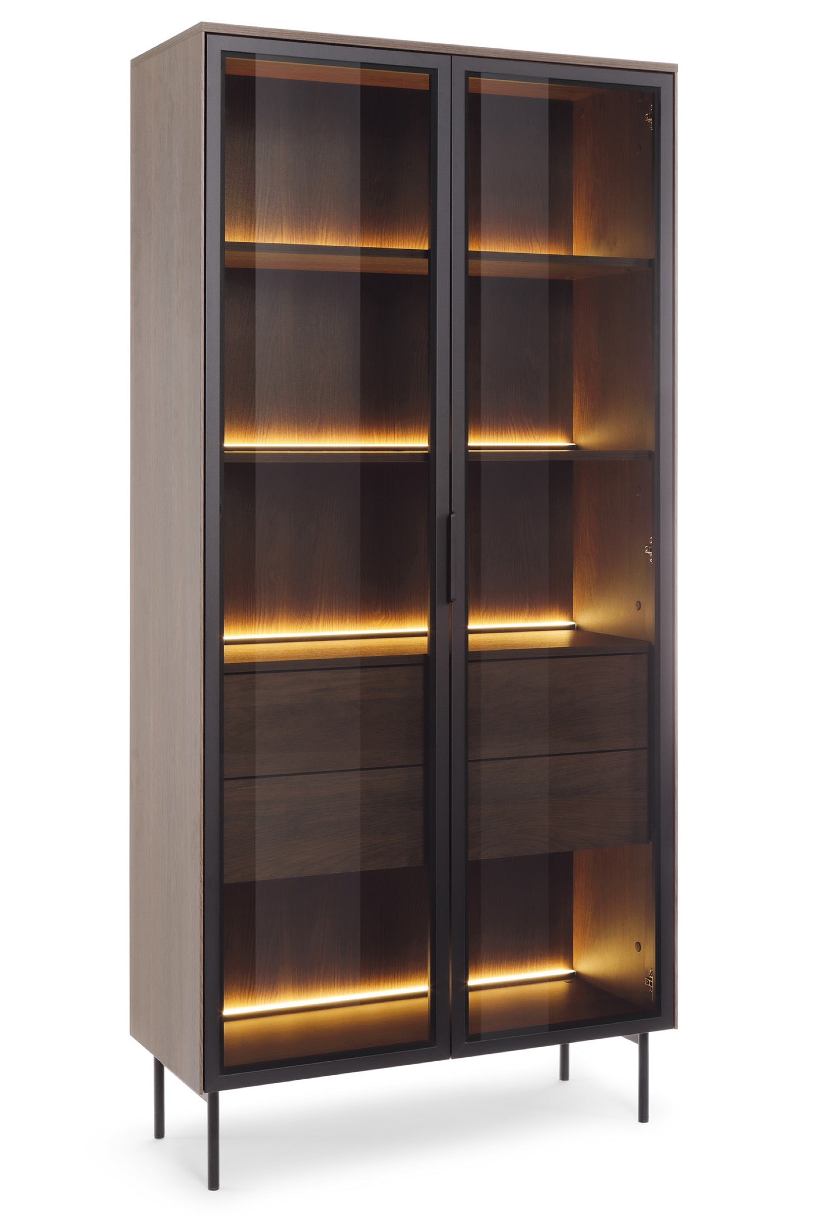 Zweiflügelige Glastür-Vitrine Lumi mit zwei Schubladen und Beleuchtung, 91 cm, Eiche Dunin
