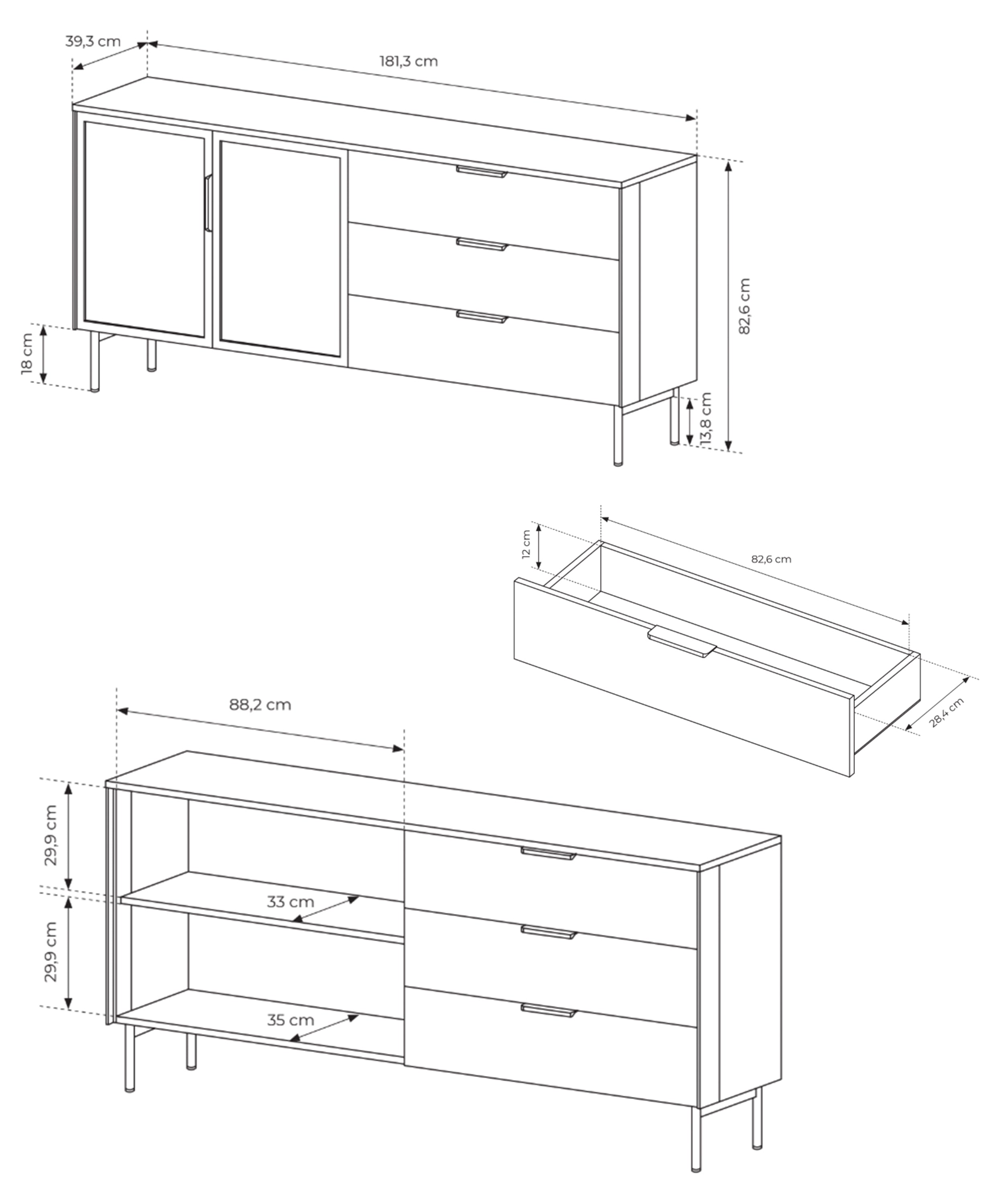 Zweiturige Vitrine Lumi mit drei Schubladen und Beleuchtung, 181 cm, Eiche Dunin