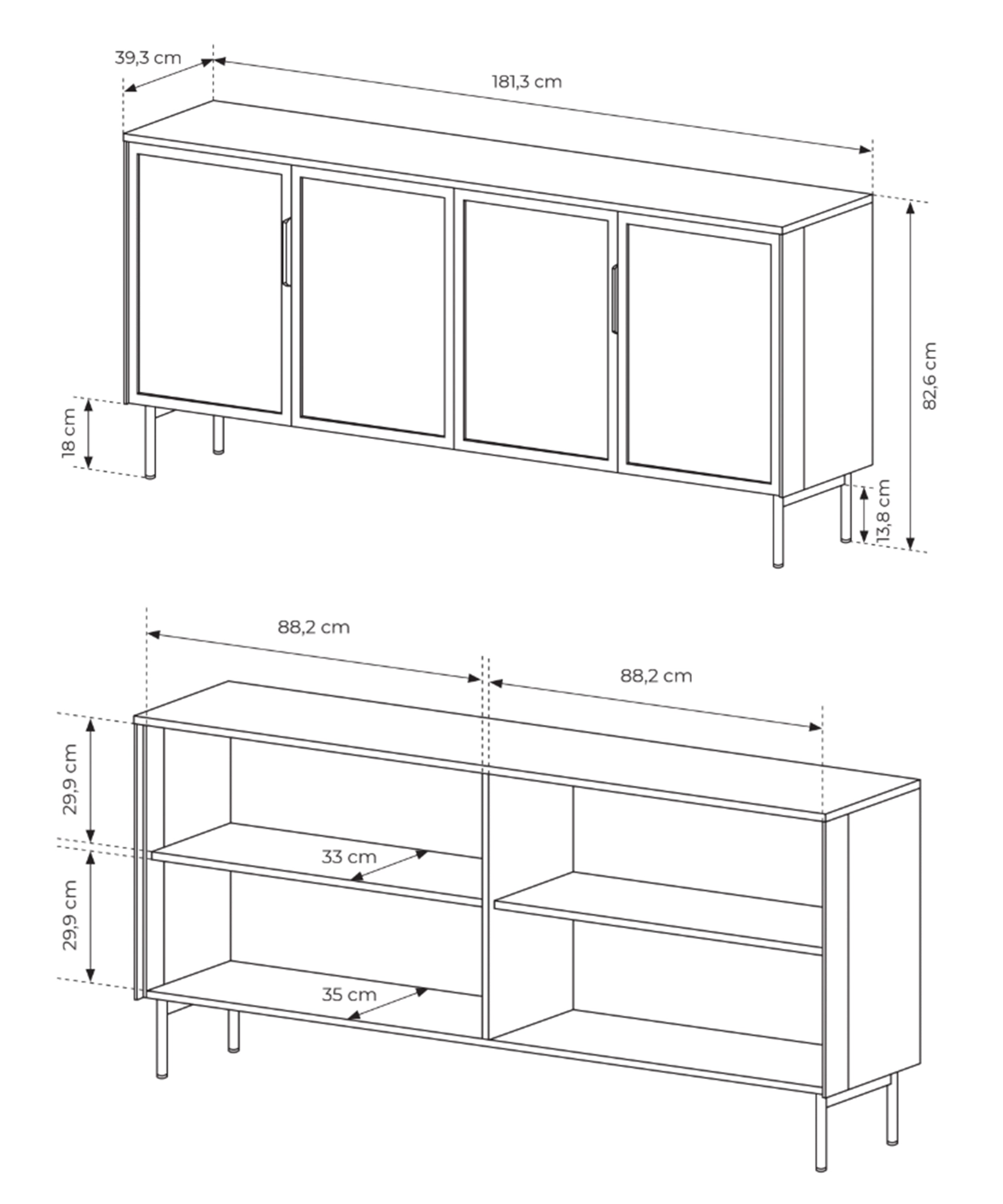 Vierteilige Glaskommode Lumi mit Beleuchtung, 181 cm, Eiche Dunin