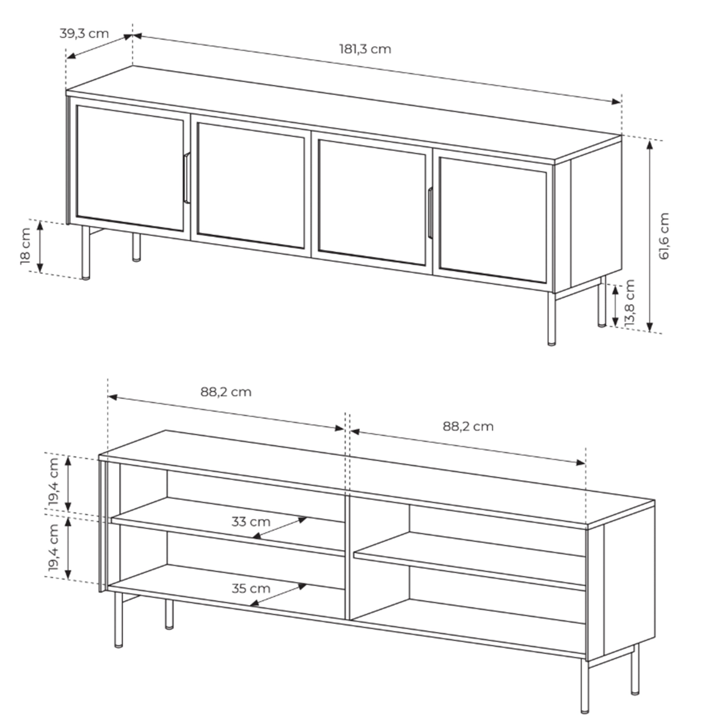 Viertrügige TV-Kommode Lumi mit Glastüren und Beleuchtung, 181 cm, Eiche Dunin