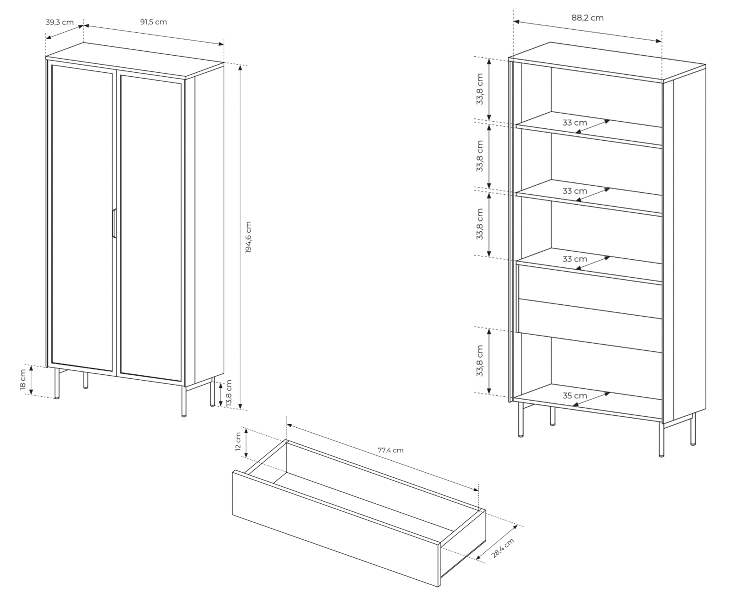 Zweiflügelige Glastür-Vitrine Lumi mit zwei Schubladen und Beleuchtung, 91 cm, Eiche Dunin