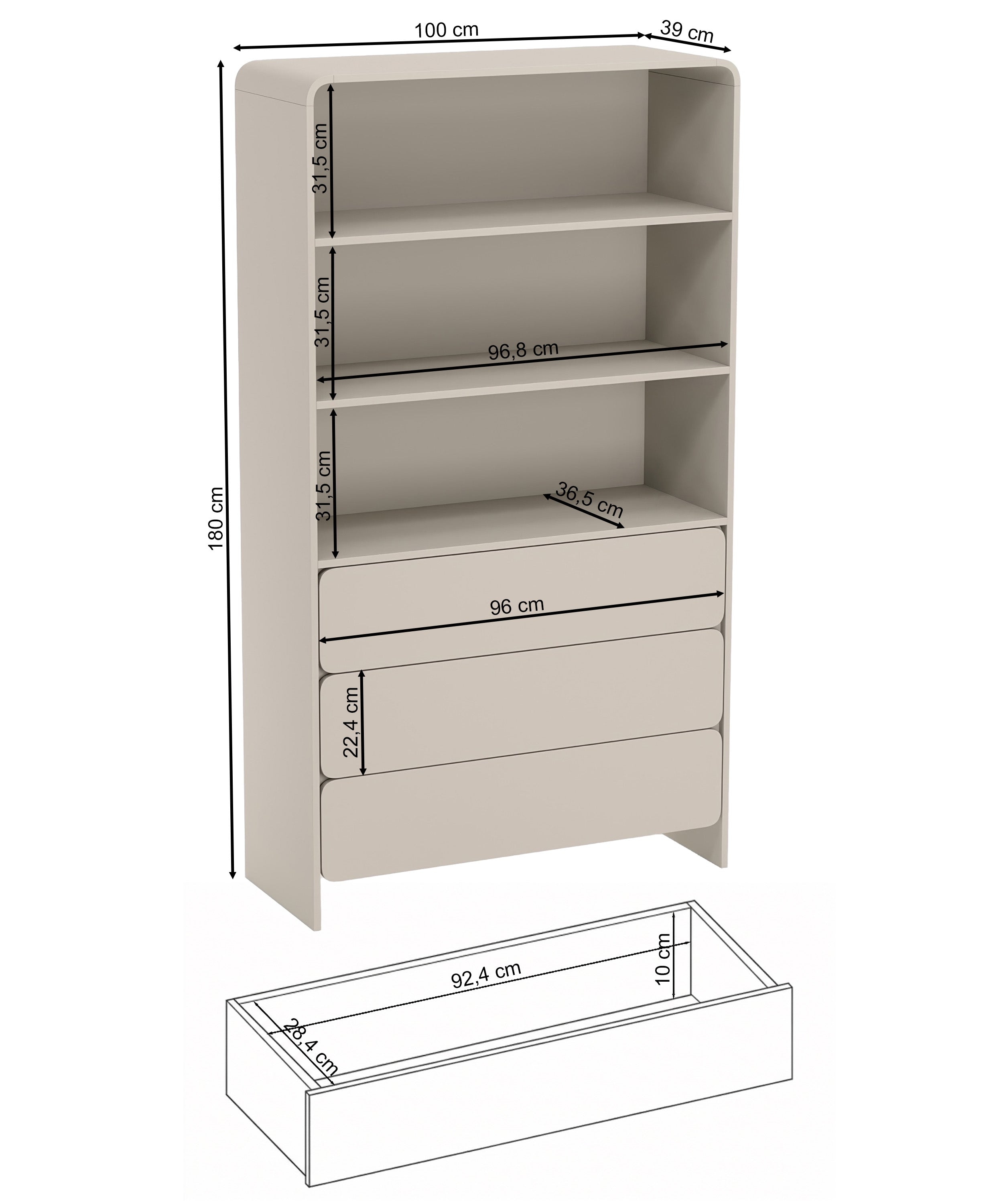 Lummo Regal mit drei Schubladen 100 cm Kaschmir