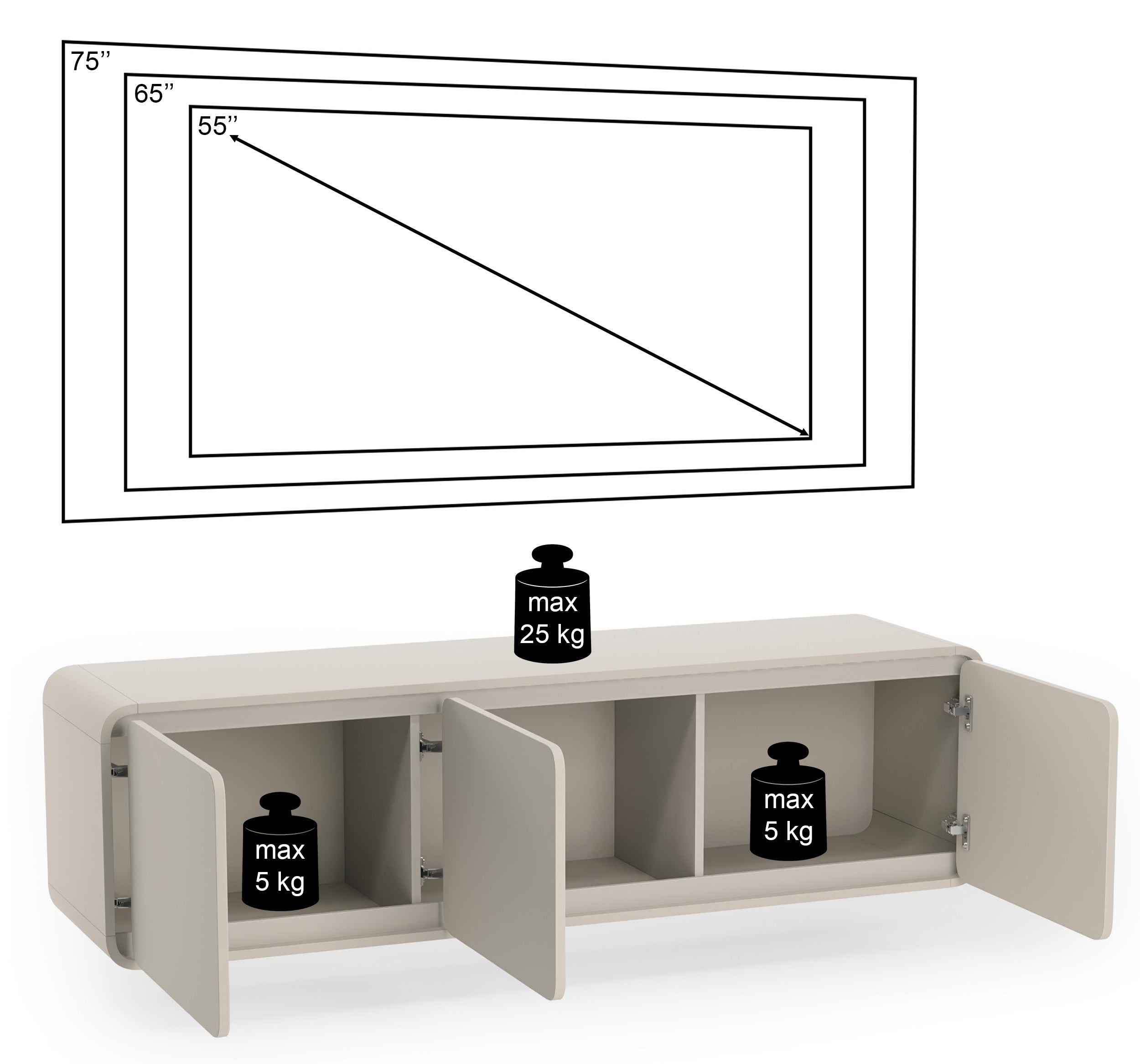 Hängender dreitüriger TV-Schrank Lummo 156 cm Kaschmir