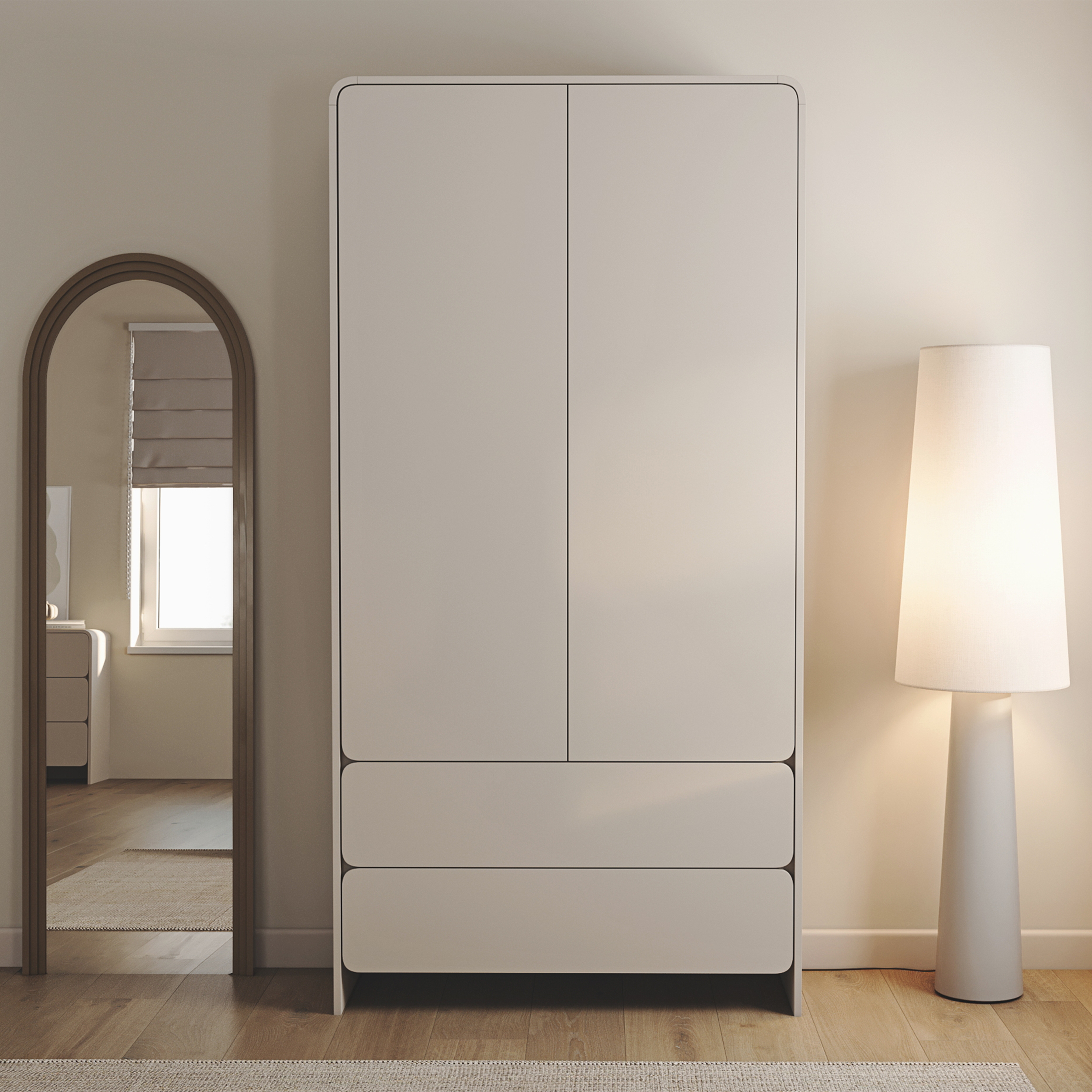 Zweiflügeliger Lummo-Schrank mit zwei Schubladen, 100 cm, Kaschmirfarbe