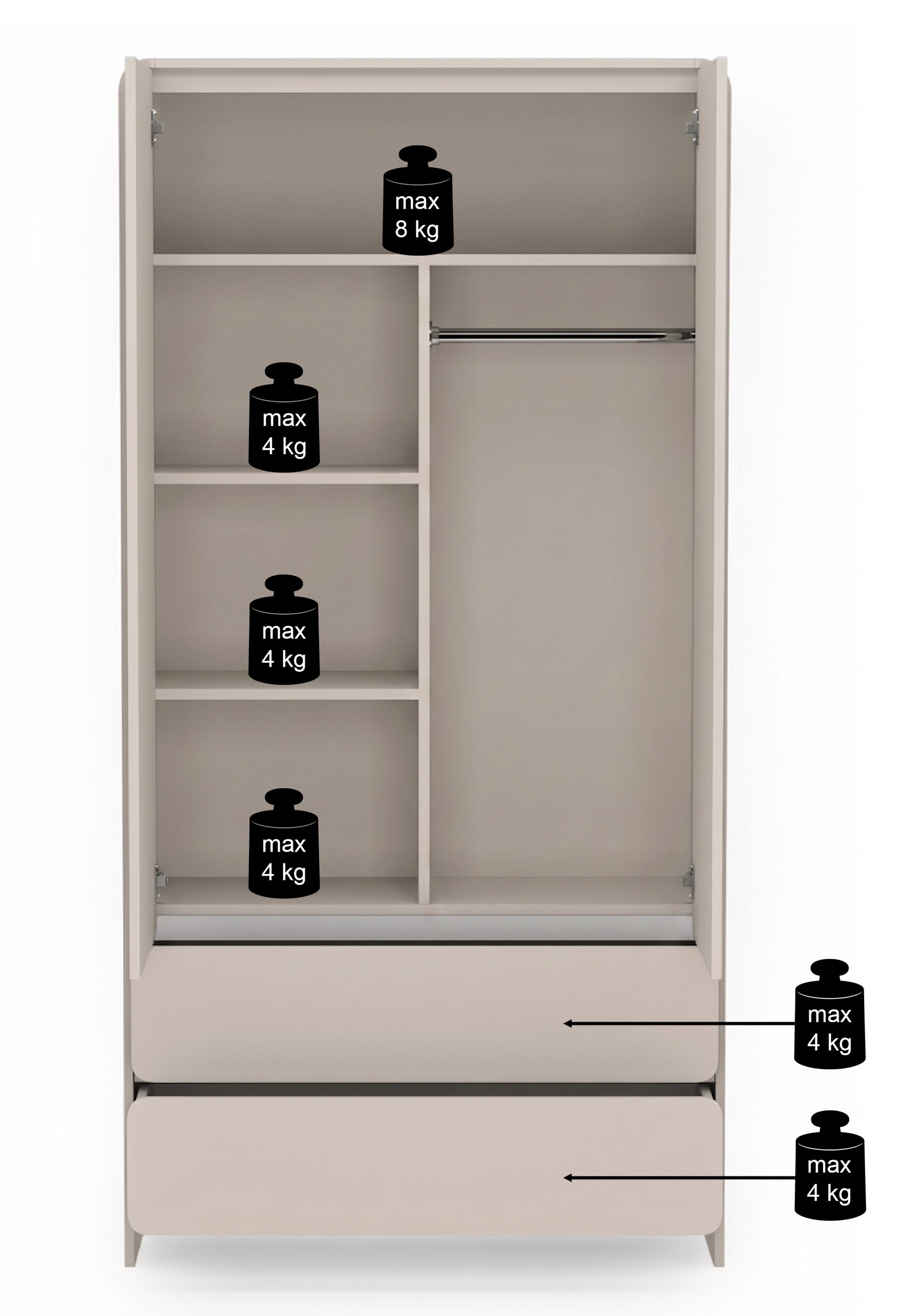 Zweiflügeliger Lummo-Schrank mit zwei Schubladen, 100 cm, Kaschmirfarbe