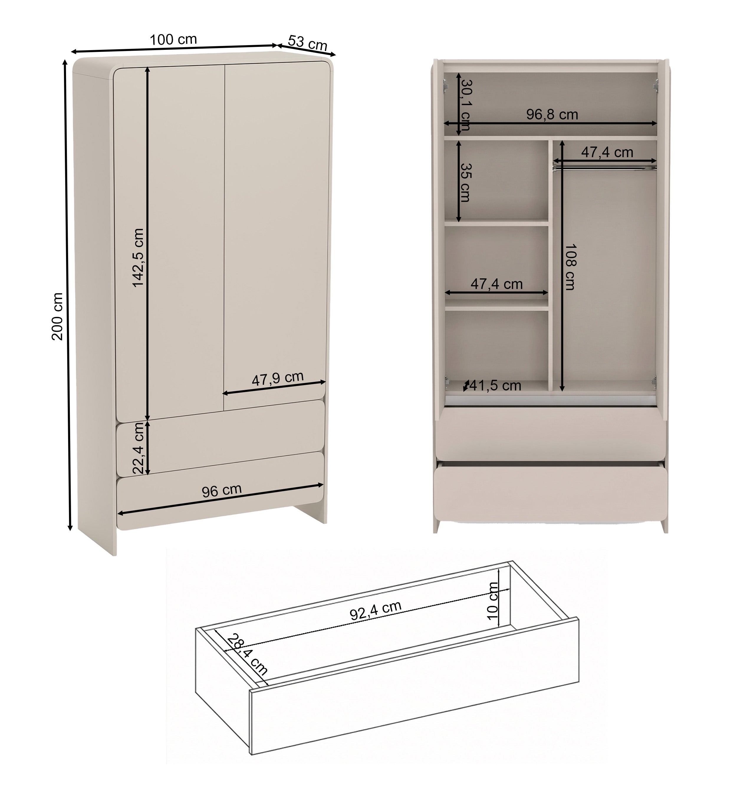 Zweiflügeliger Lummo-Schrank mit zwei Schubladen, 100 cm, Kaschmirfarbe