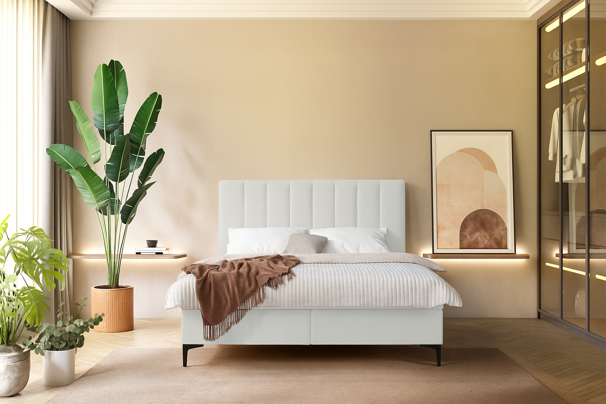 Kontinentalbett 180x200 cm Lorentes mit Stauraum und Topper, cremefarbenes Geflecht