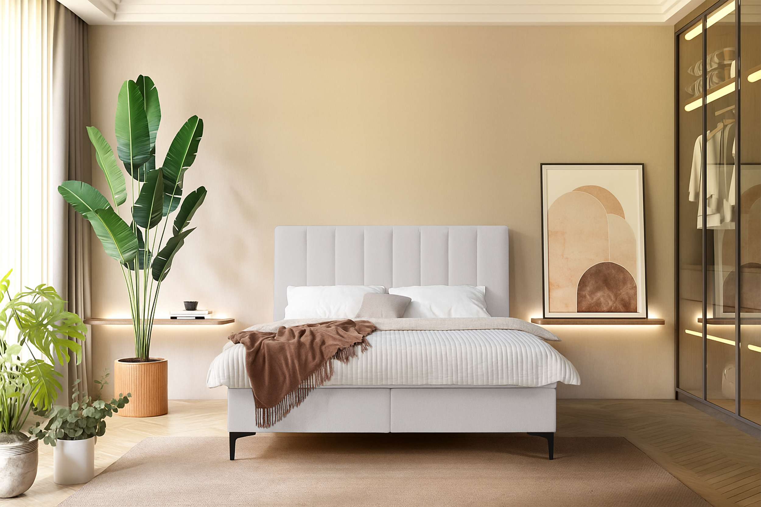 Kontinentalbett 180x200 cm Lorentes mit Stauraum und Topper, hellbeige, Geflecht
