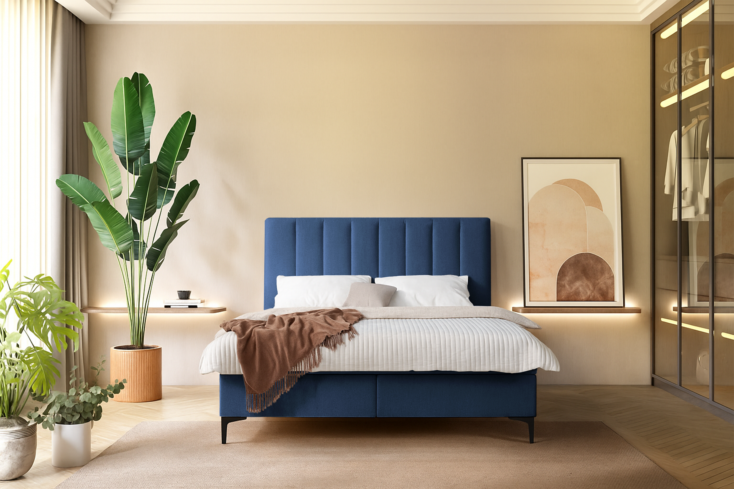Kontinentalbett 180x200 cm Lorentes mit Stauraum und Topper, marineblaues Geflecht