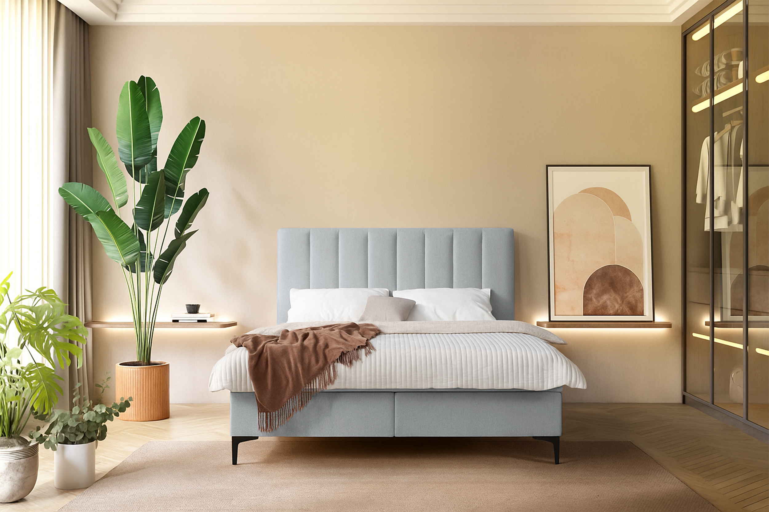 Kontinentales Bett 180x200 cm Lorentes mit Stauraum und Topper, hellgraues Geflecht