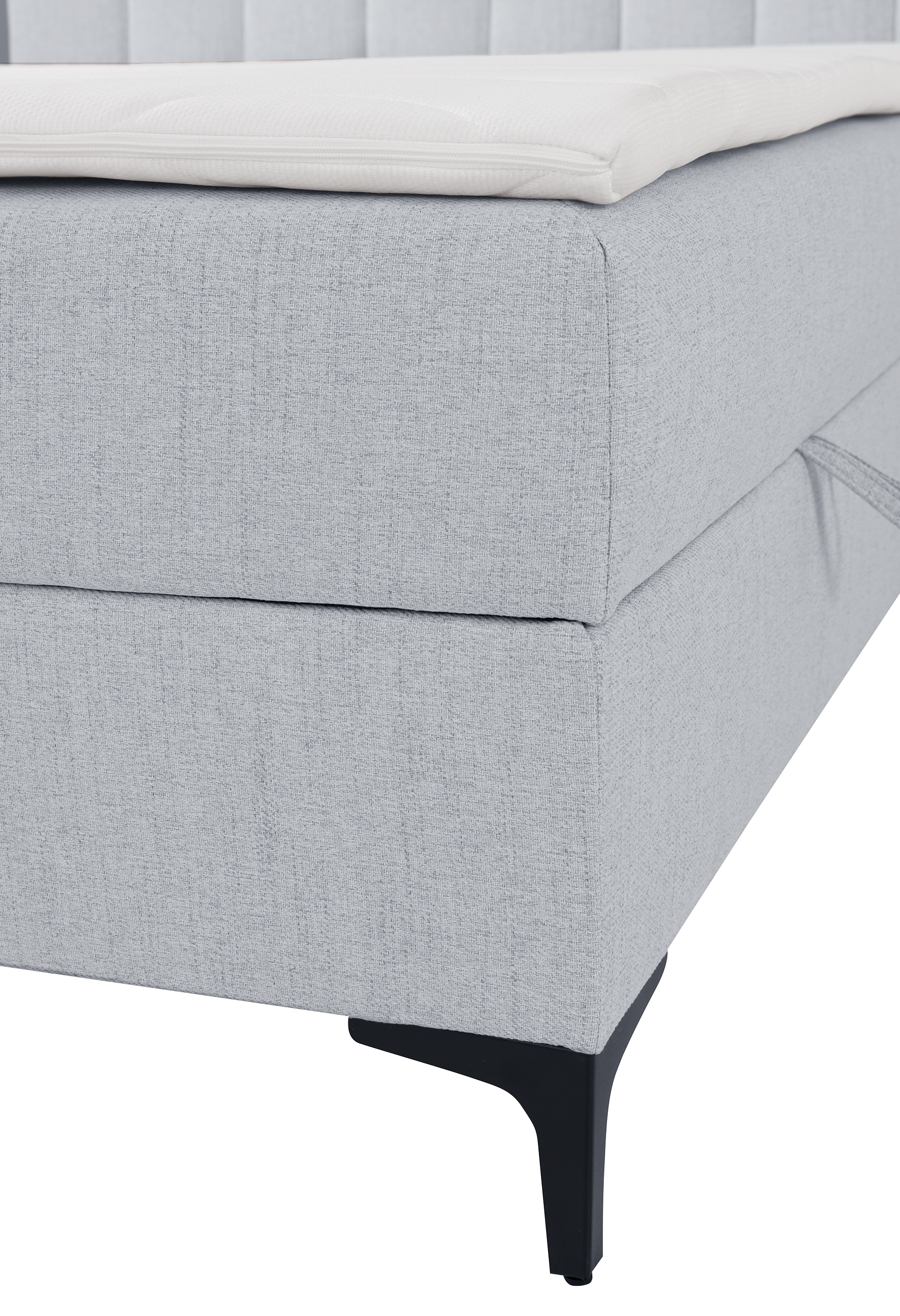 Kontinentales Bett 180x200 cm Lorentes mit Stauraum und Topper, hellgraues Geflecht