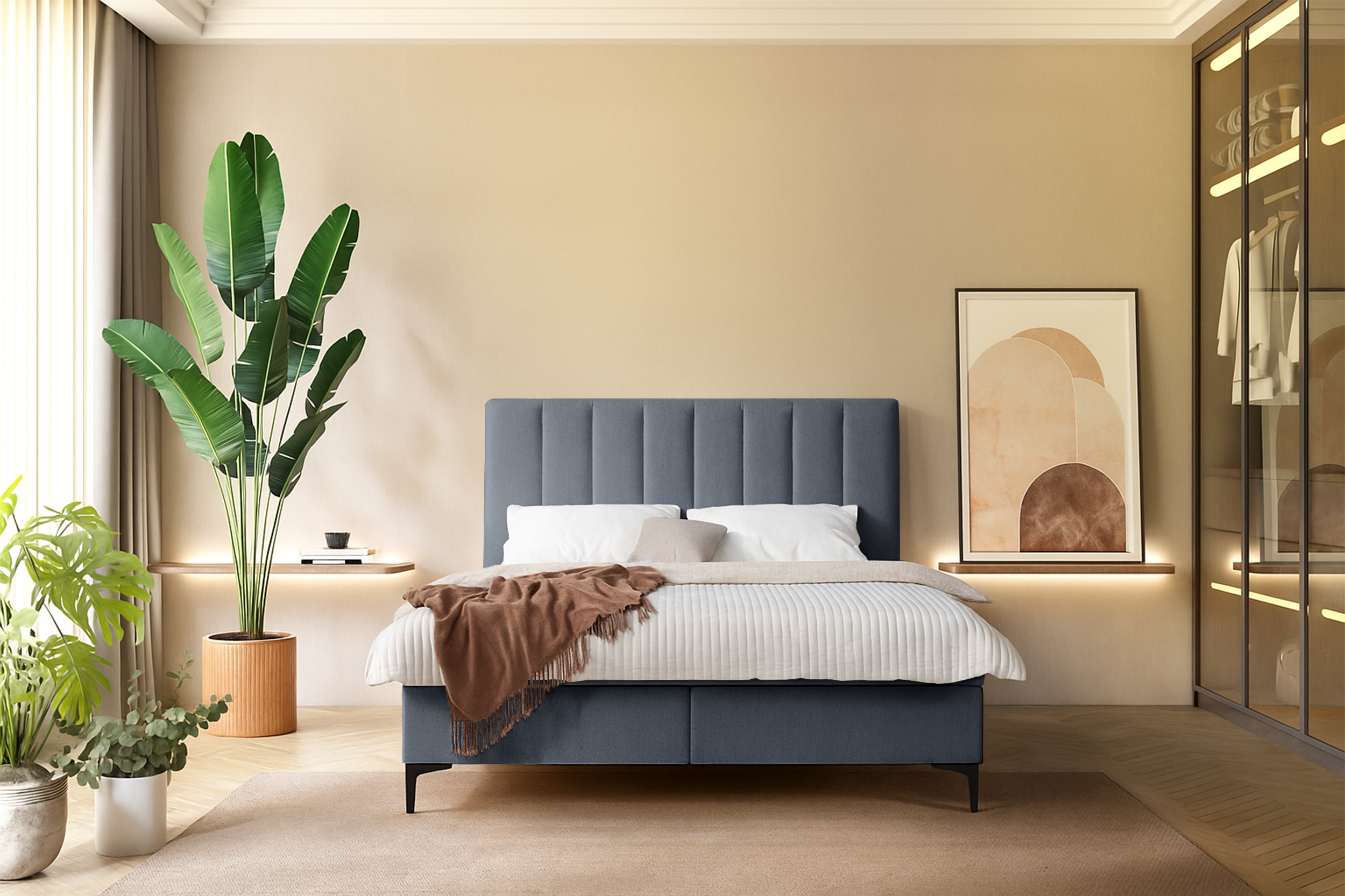 Kontinentales Bett 140x200 cm Lorentes mit Stauraum und Topper, dunkelgraues Geflecht