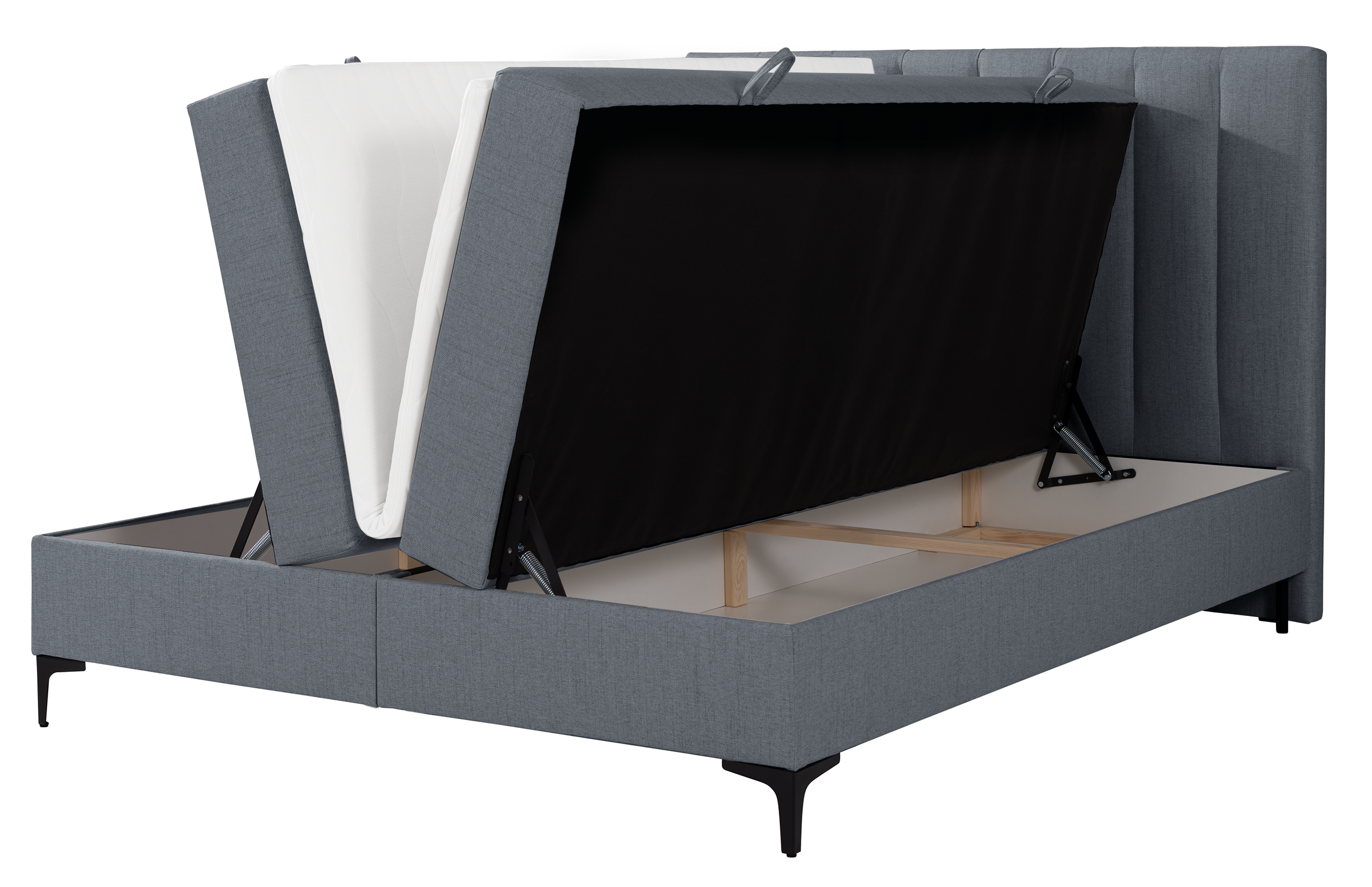 Kontinentales Bett 140x200 cm Lorentes mit Stauraum und Topper, dunkelgraues Geflecht