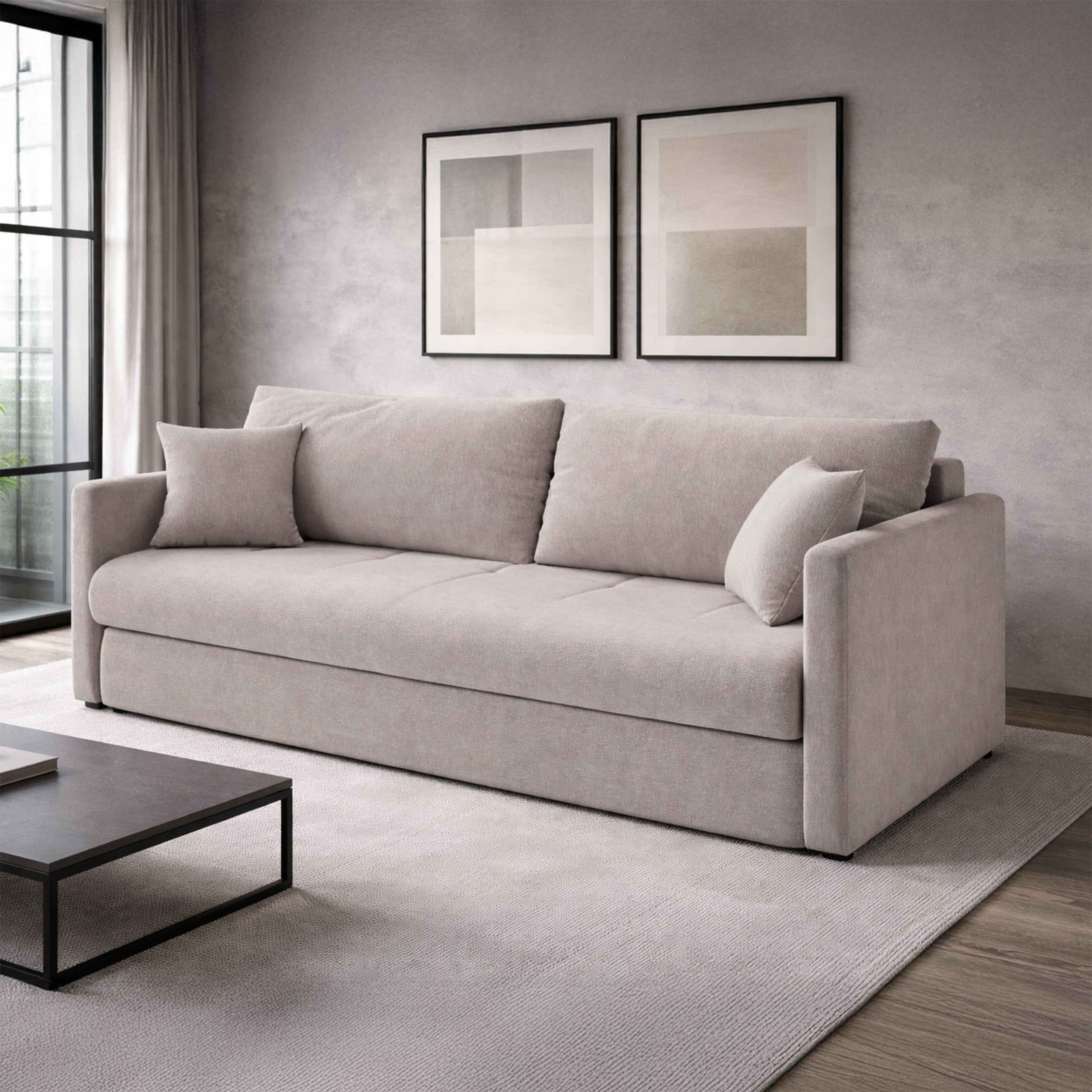 Dreisitziges Schlafsofa Lorro mit Stauraum, grau-beige Chenille