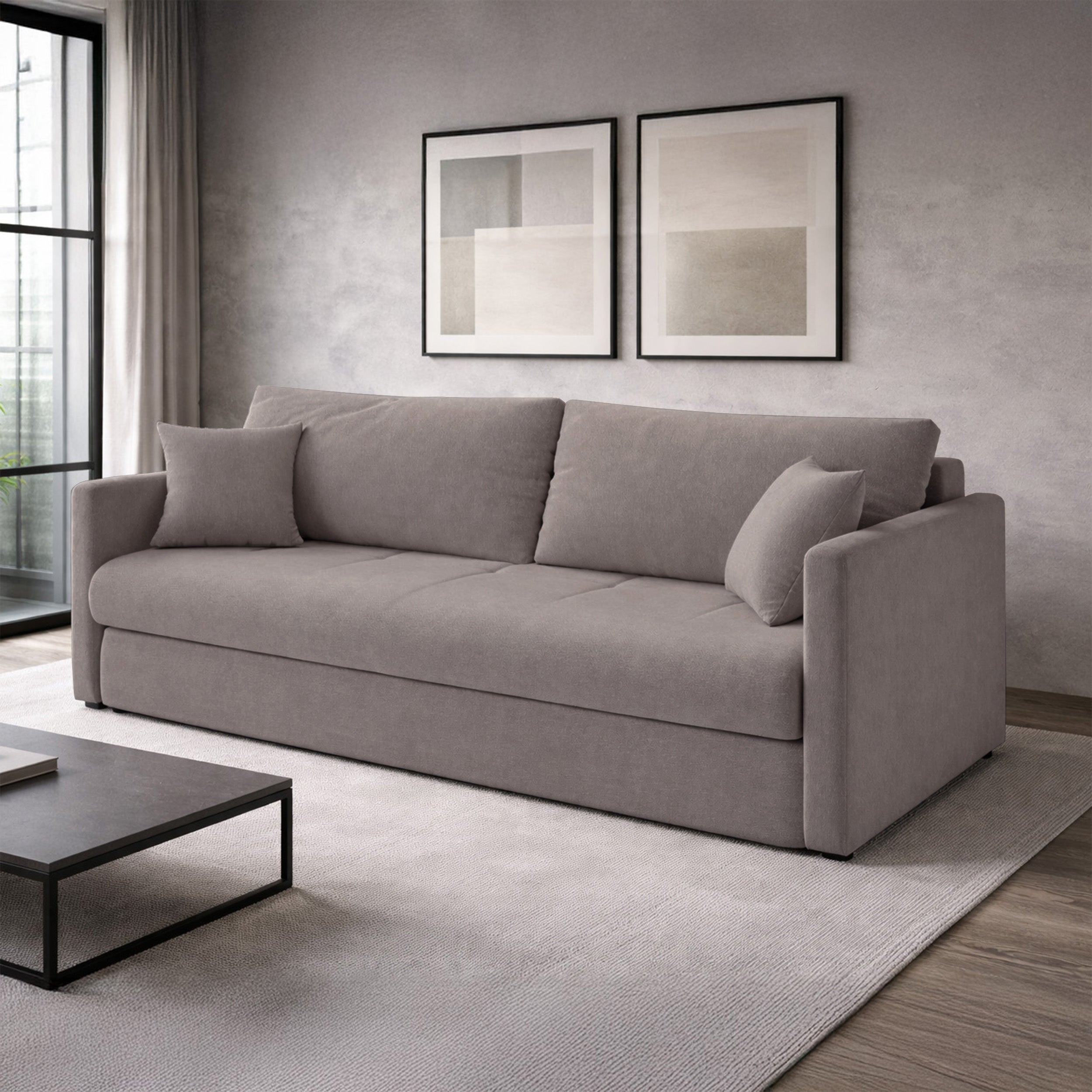 Dreisitziges ausklappbares Sofa Lorro mit Stauraum, hellbraunes Chenille