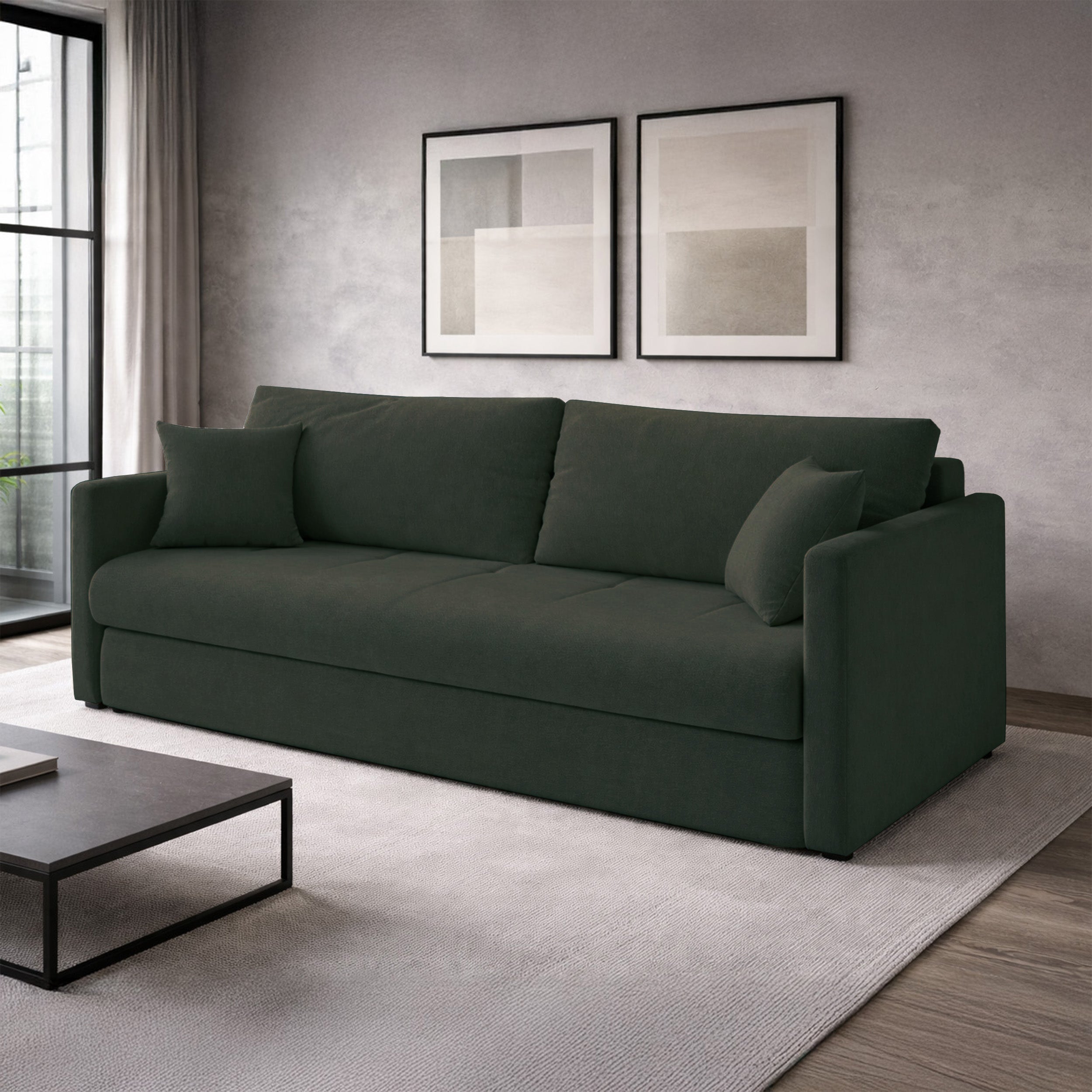 Dreisitziges ausklappbares Sofa Lorro mit Stauraum, dunkelgrüner Chenille-Bezug