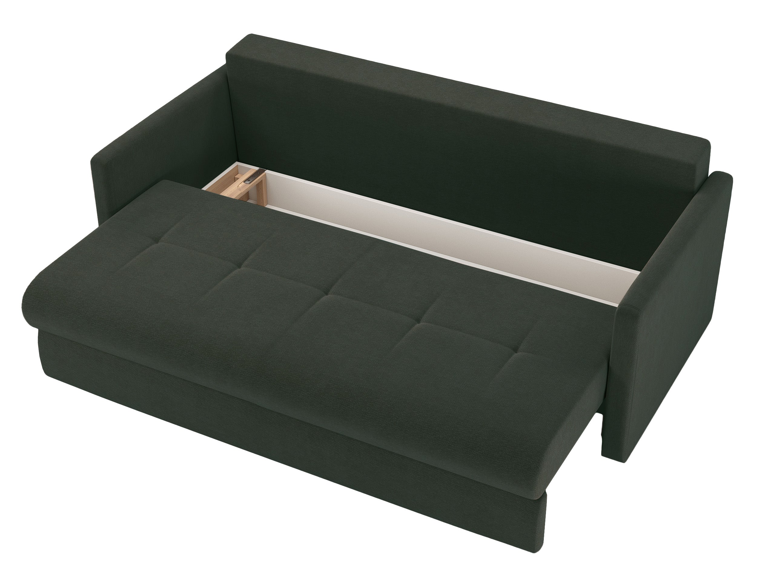 Dreisitziges ausklappbares Sofa Lorro mit Stauraum, dunkelgrüner Chenille-Bezug