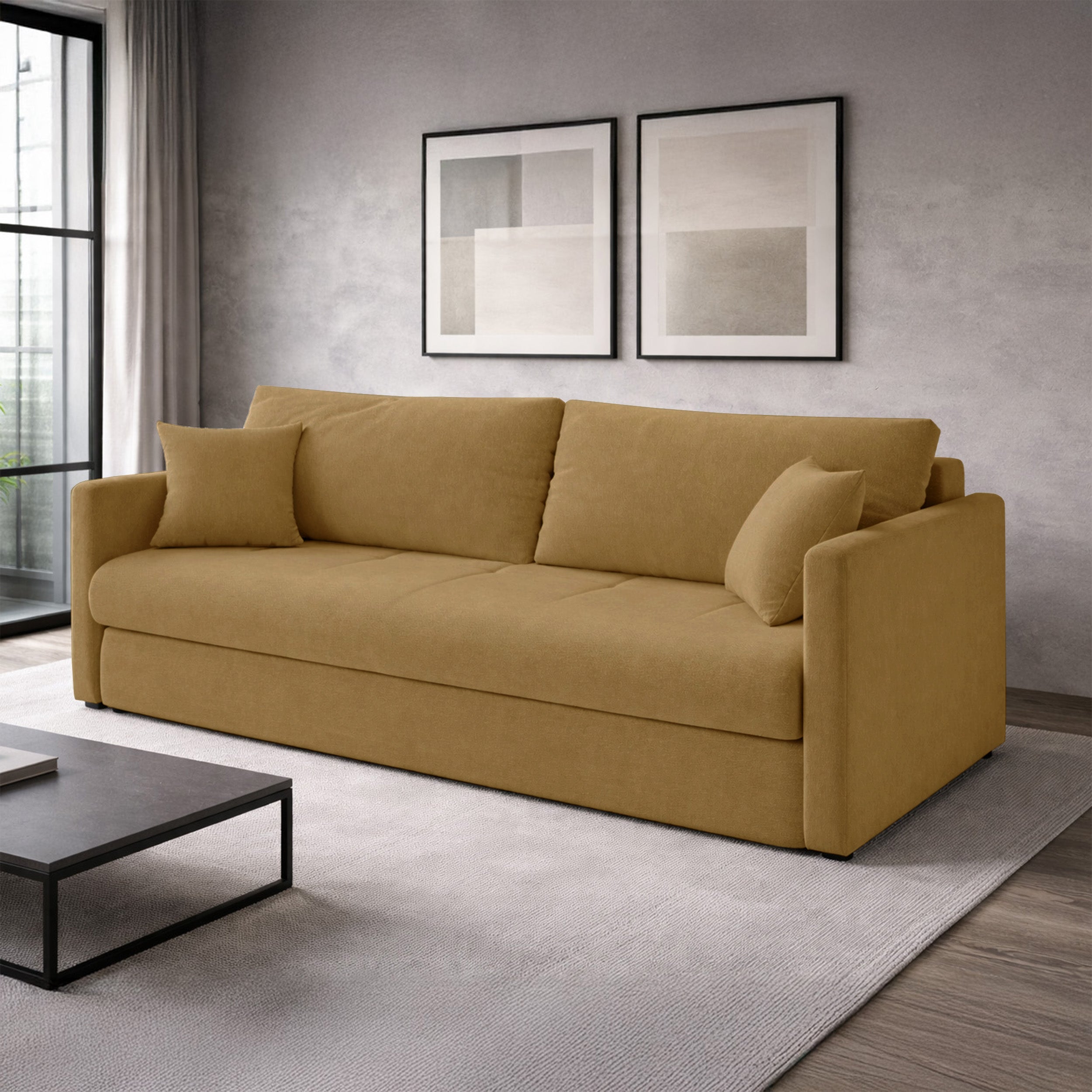 Dreisitziges ausklappbares Sofa Lorro mit Stauraum, senfgelber Chenillestoff