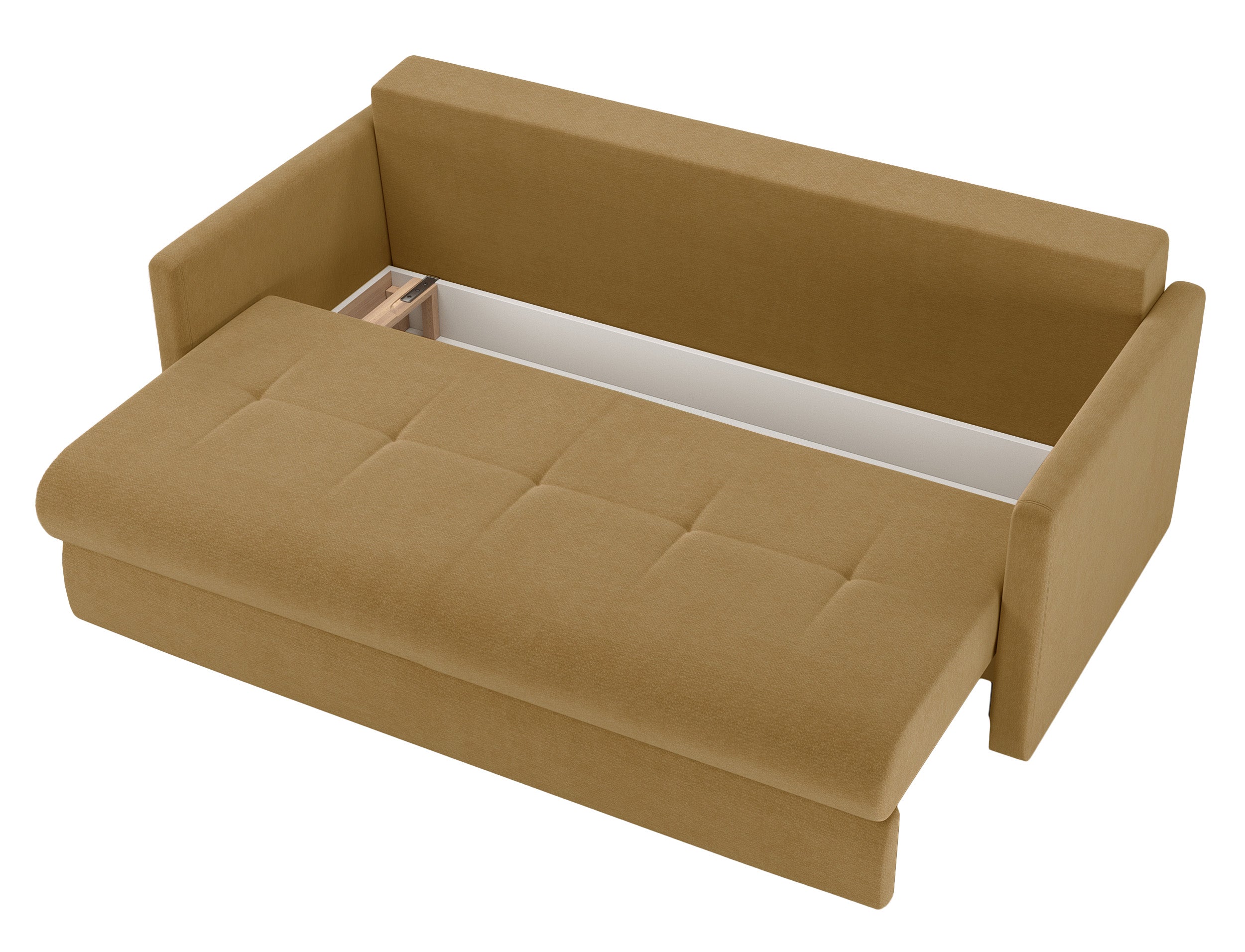 Dreisitziges ausklappbares Sofa Lorro mit Stauraum, senfgelber Chenillestoff