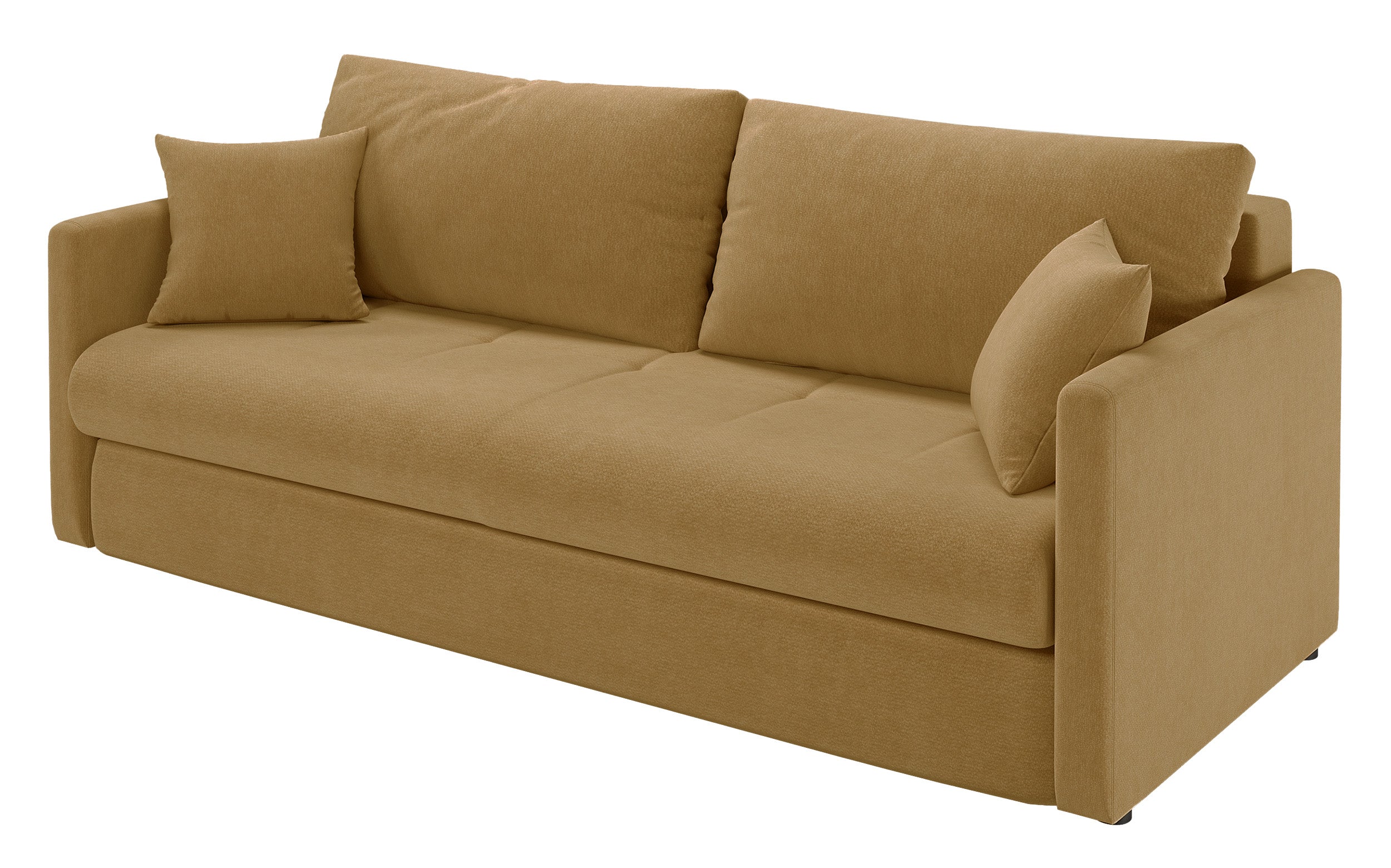 Dreisitziges ausklappbares Sofa Lorro mit Stauraum, senfgelber Chenillestoff
