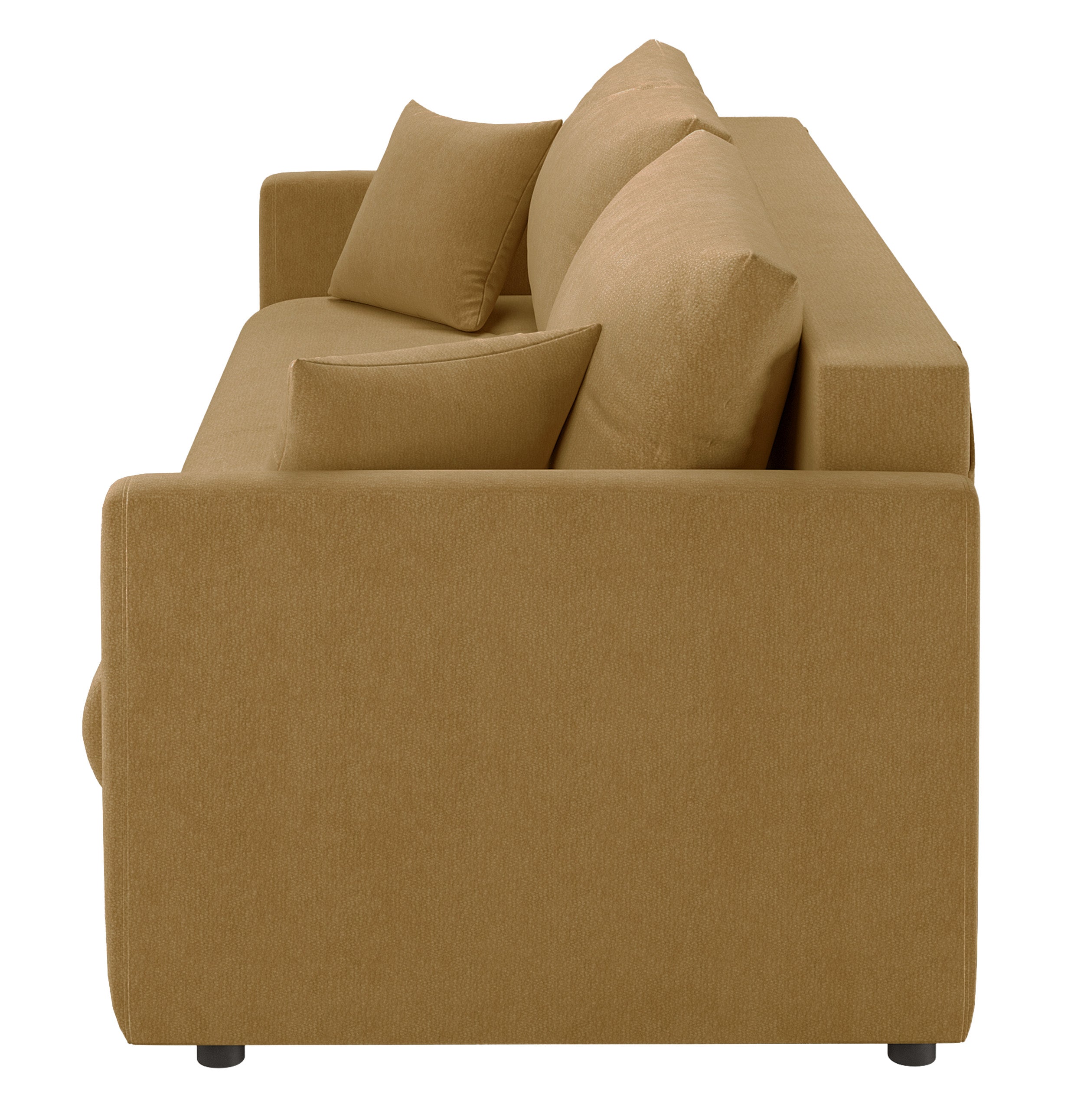 Dreisitziges ausklappbares Sofa Lorro mit Stauraum, senfgelber Chenillestoff