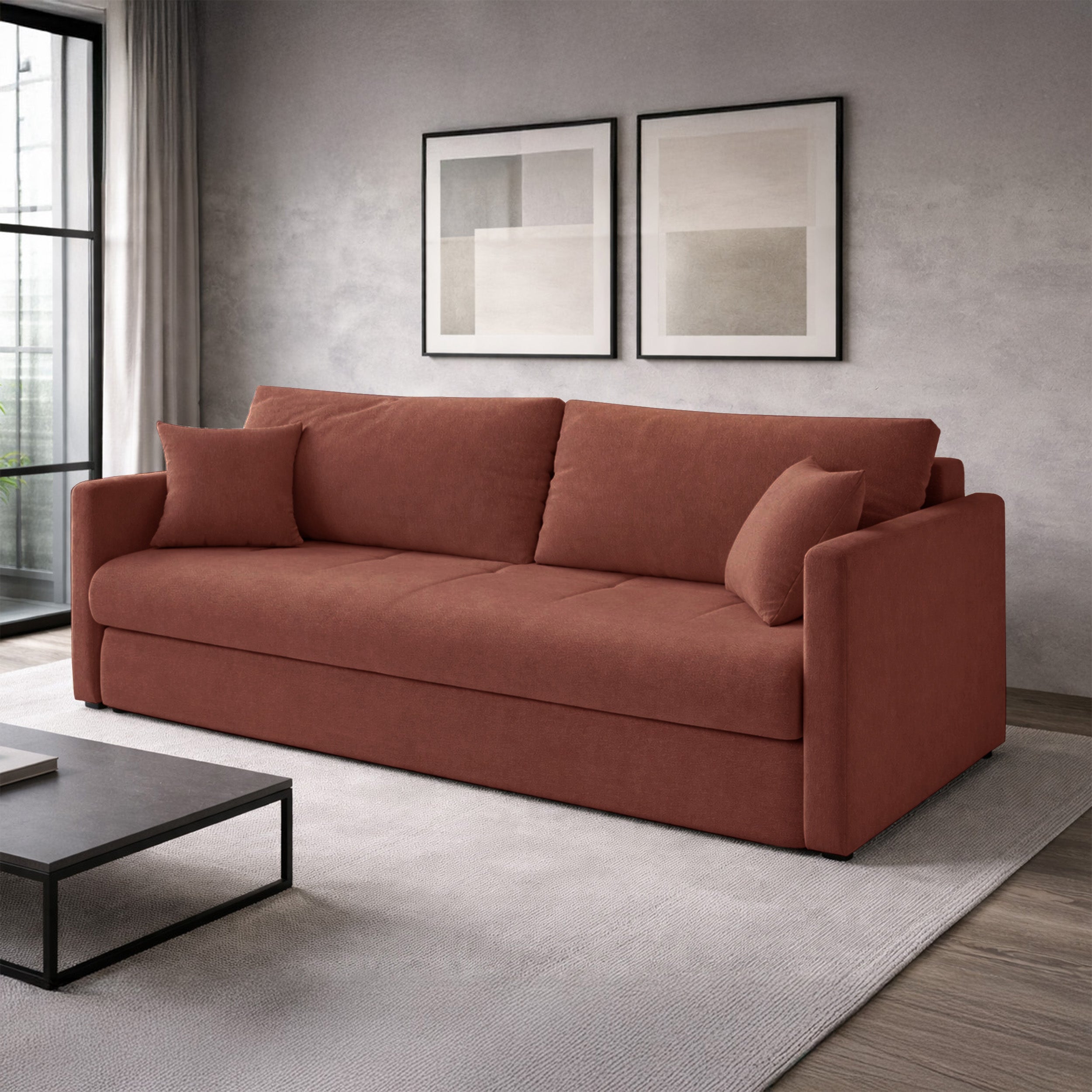Dreisitziges ausklappbares Sofa Lorro mit Stauraum, kupferfarbener Chenille-Bezug