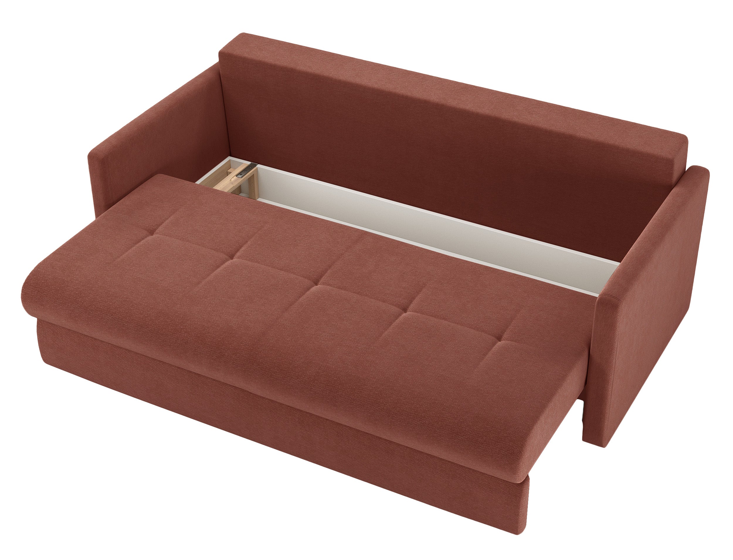 Dreisitziges ausklappbares Sofa Lorro mit Stauraum, kupferfarbener Chenille-Bezug