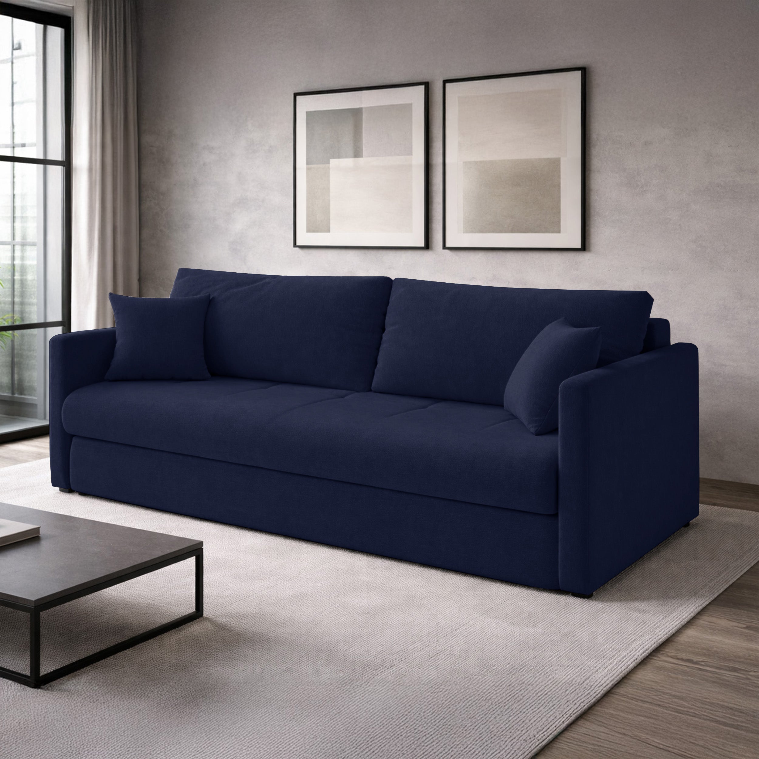 Dreisitziges ausklappbares Sofa Lorro mit Stauraum, granatfarbener Chenille-Bezug