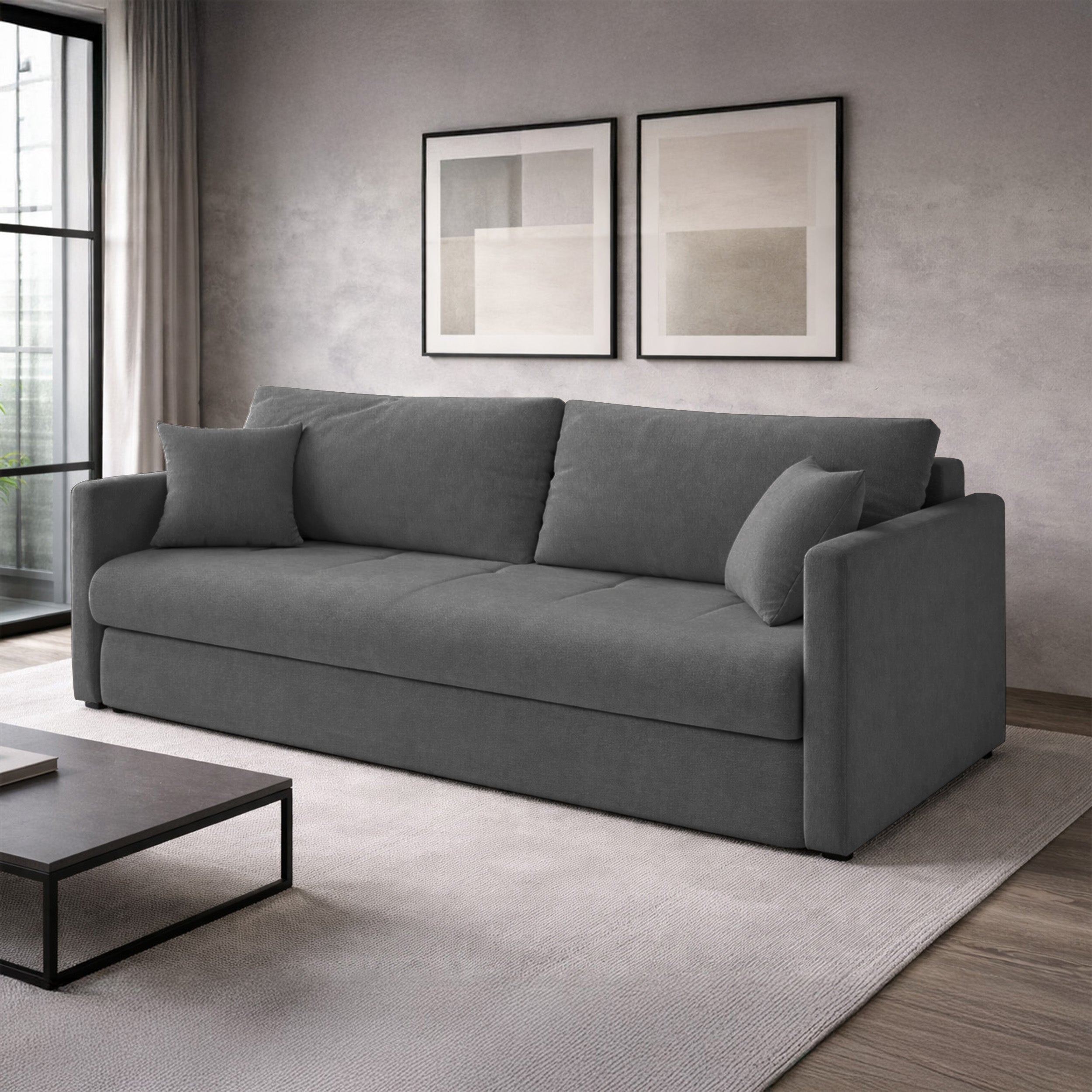 Dreisitziges ausklappbares Sofa Lorro mit Stauraum, grauer Chenille-Bezug