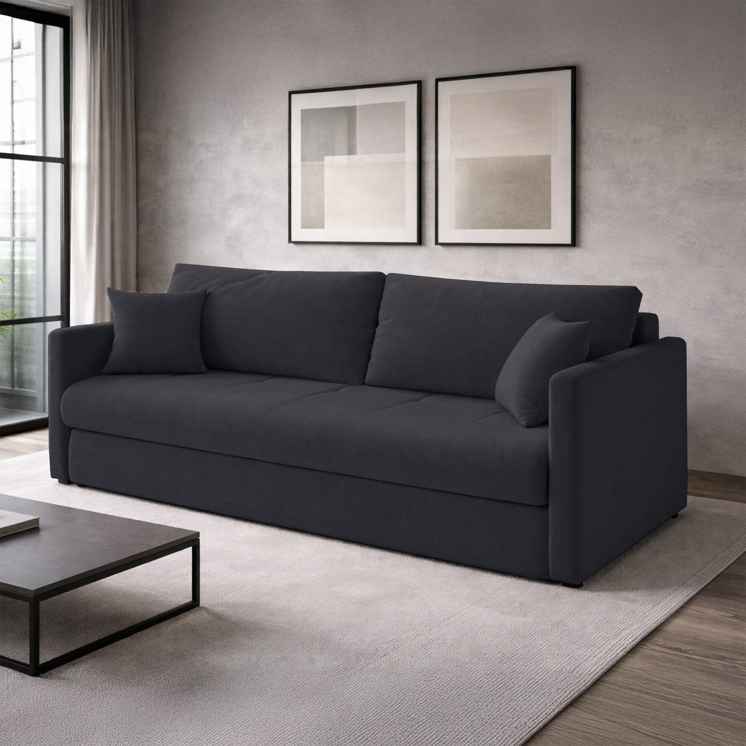 Dreisitziges ausklappbares Sofa Lorro mit Stauraum, Graphit Chenille