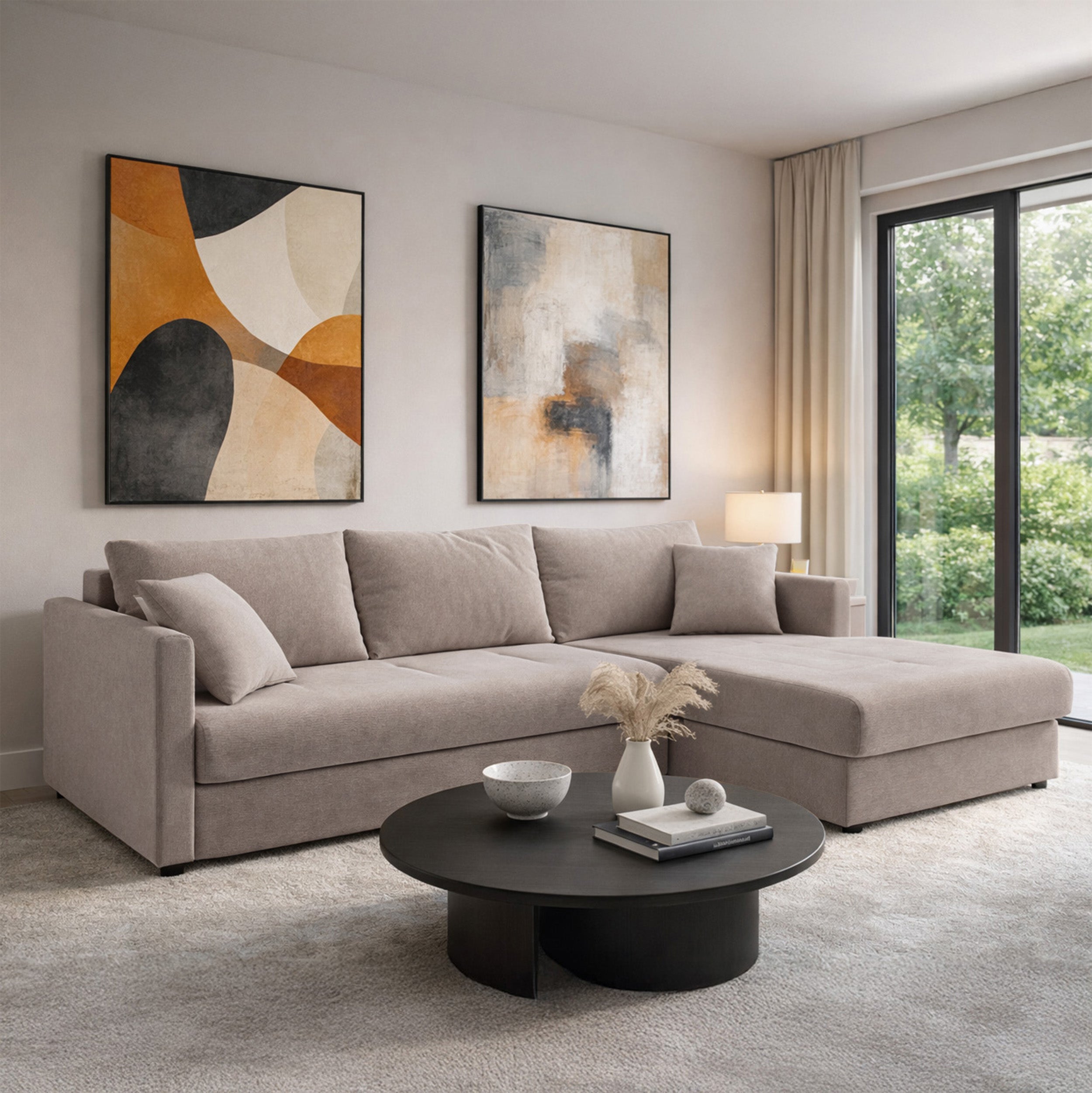 Ecksofa mit Schlaffunktion Lorro, L-förmig, universell, mit zwei Stauraumfächern, grau-beige Chenille