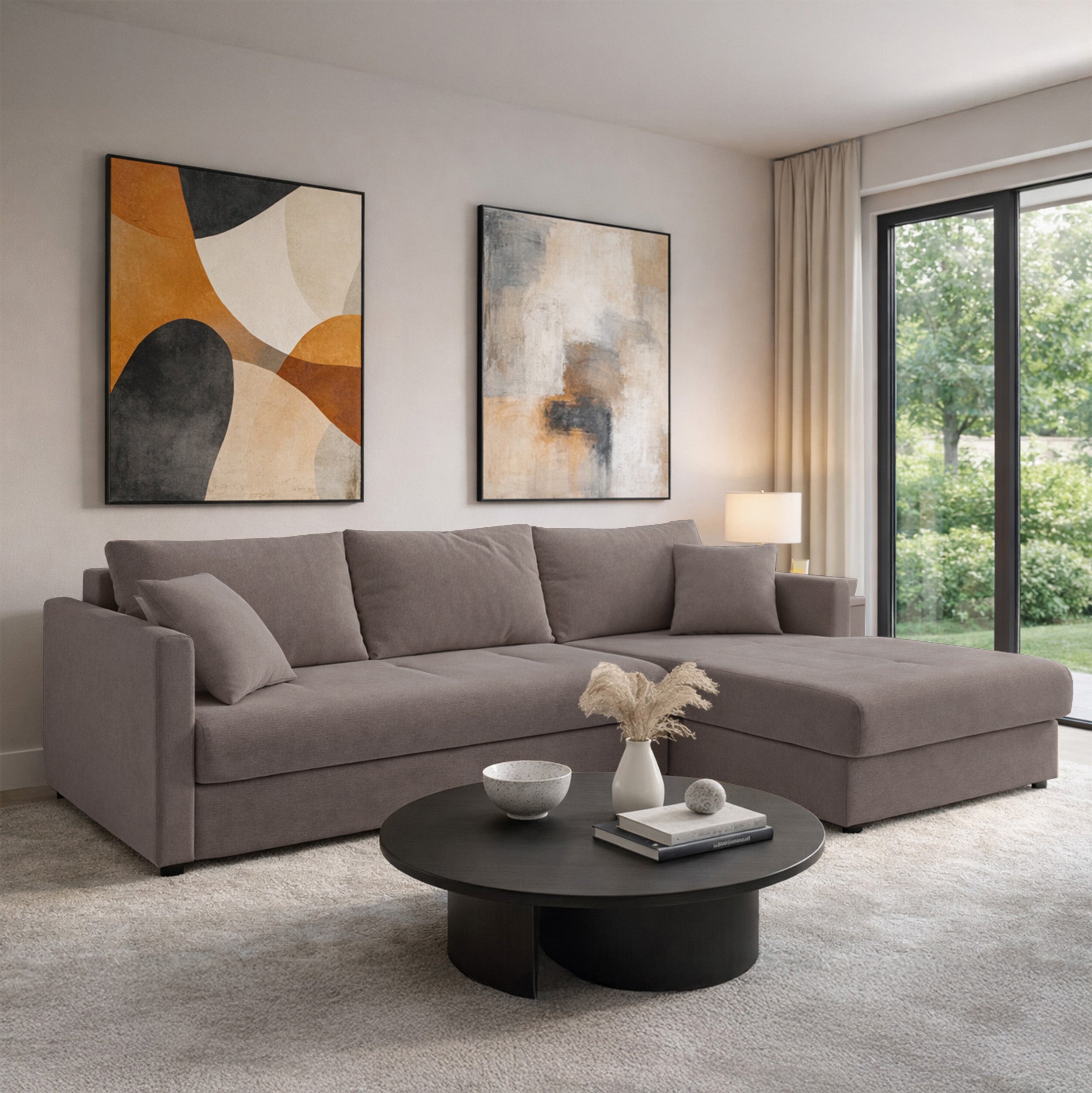 Ecksofa mit Schlaffunktion Lorro, L-förmig, universell mit zwei Stauräumen, hellbrauner Chenille-Bezug