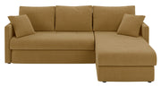 Ecksofa mit Schlaffunktion Lorro, L-förmig, universell, mit zwei Stauraumfächern, senfgelber Chenille-Bezug