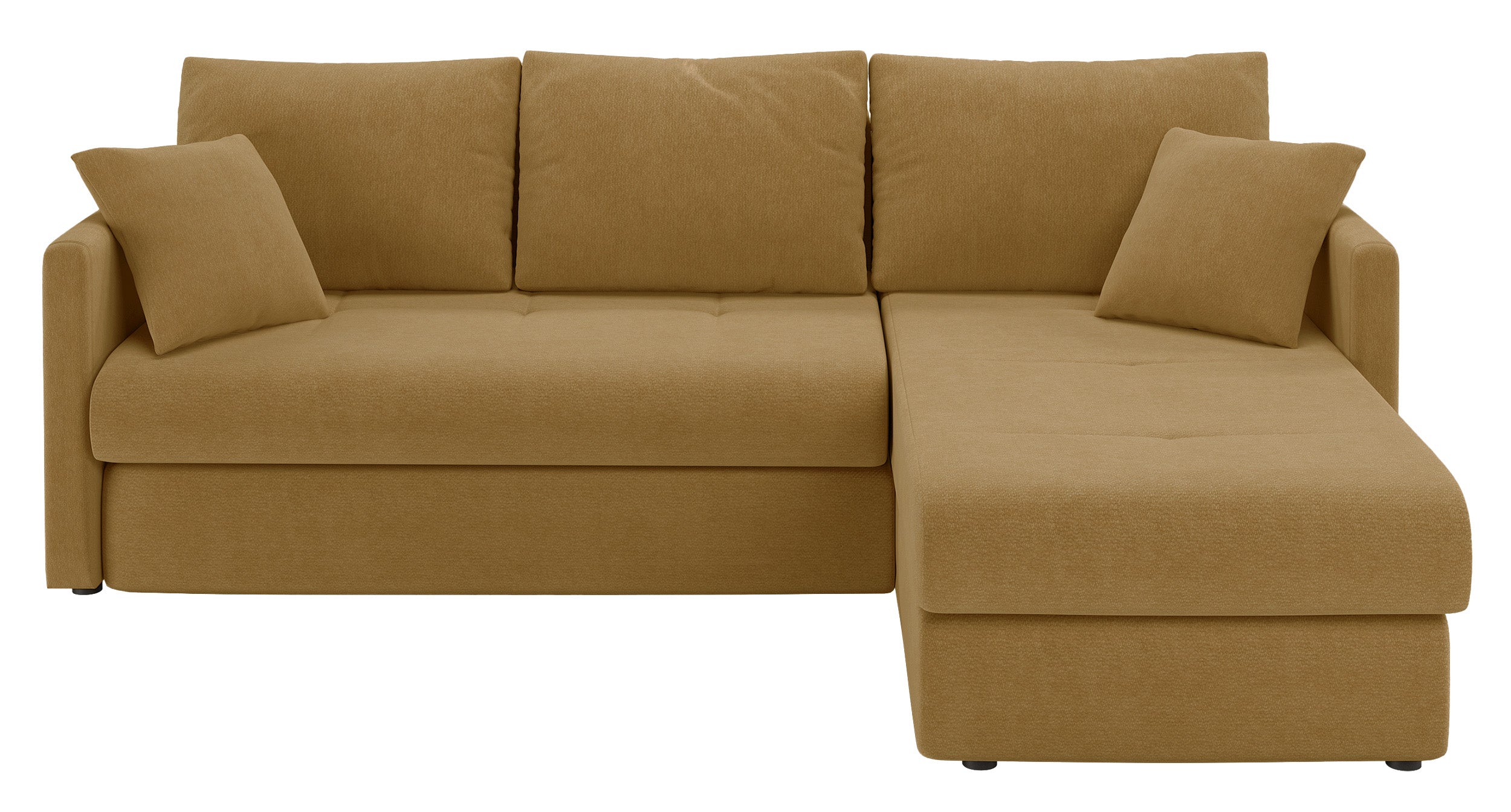 Ecksofa mit Schlaffunktion Lorro, L-förmig, universell, mit zwei Stauraumfächern, senfgelber Chenille-Bezug