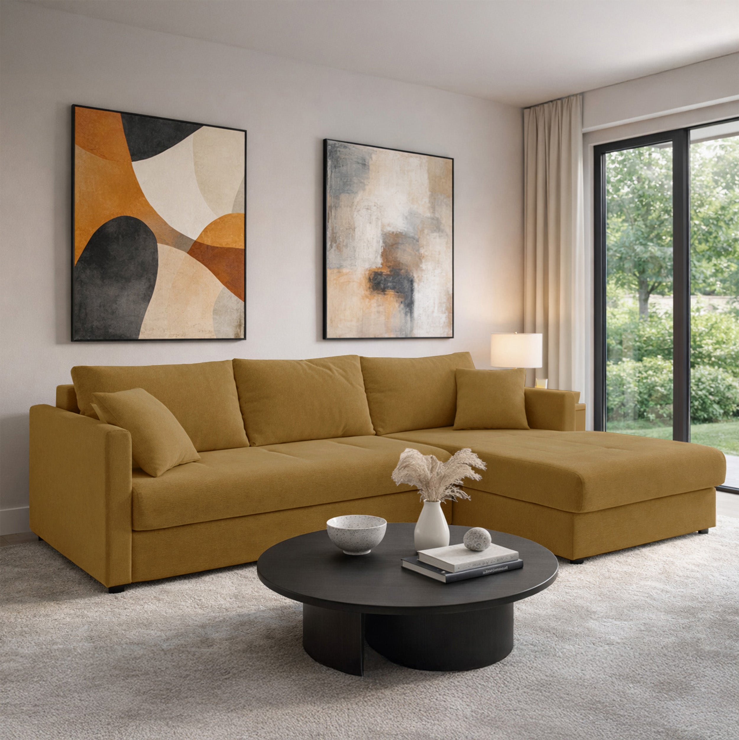 Ecksofa mit Schlaffunktion Lorro, L-förmig, universell, mit zwei Stauraumfächern, senfgelber Chenille-Bezug