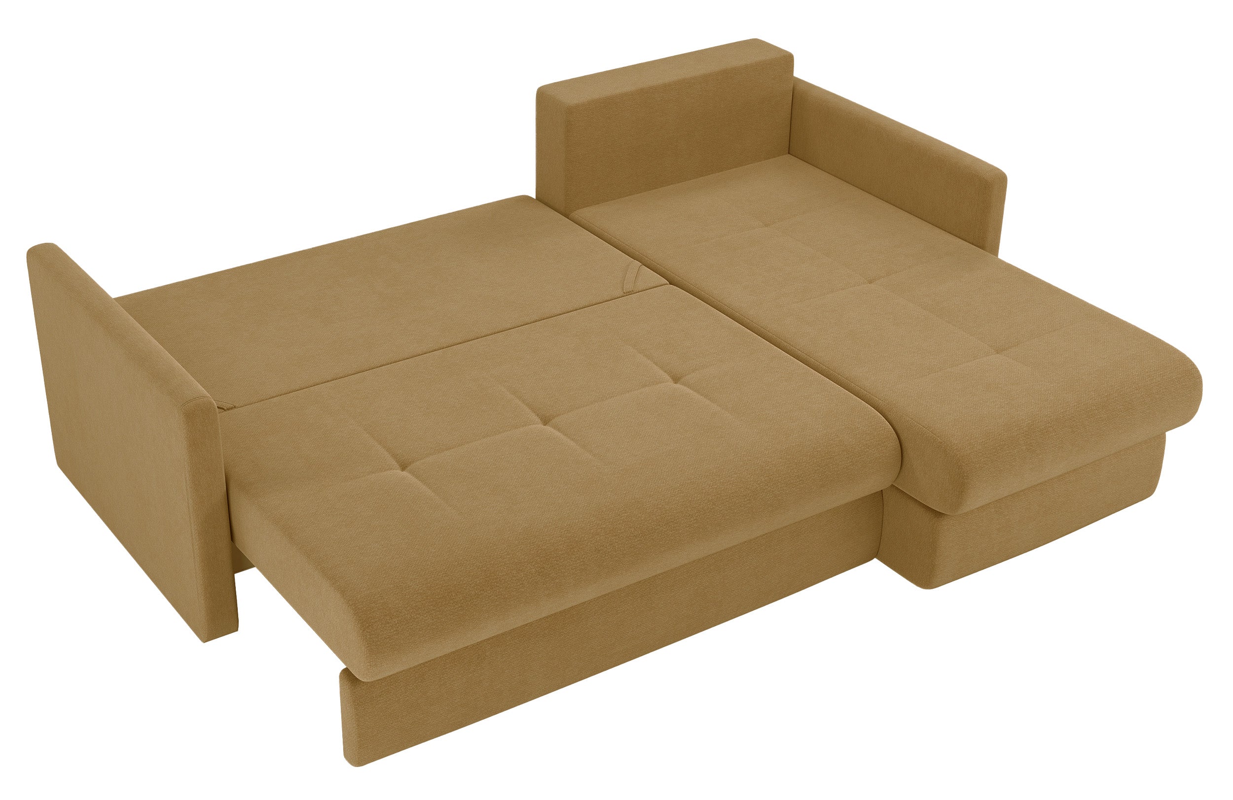 Ecksofa mit Schlaffunktion Lorro, L-förmig, universell, mit zwei Stauraumfächern, senfgelber Chenille-Bezug