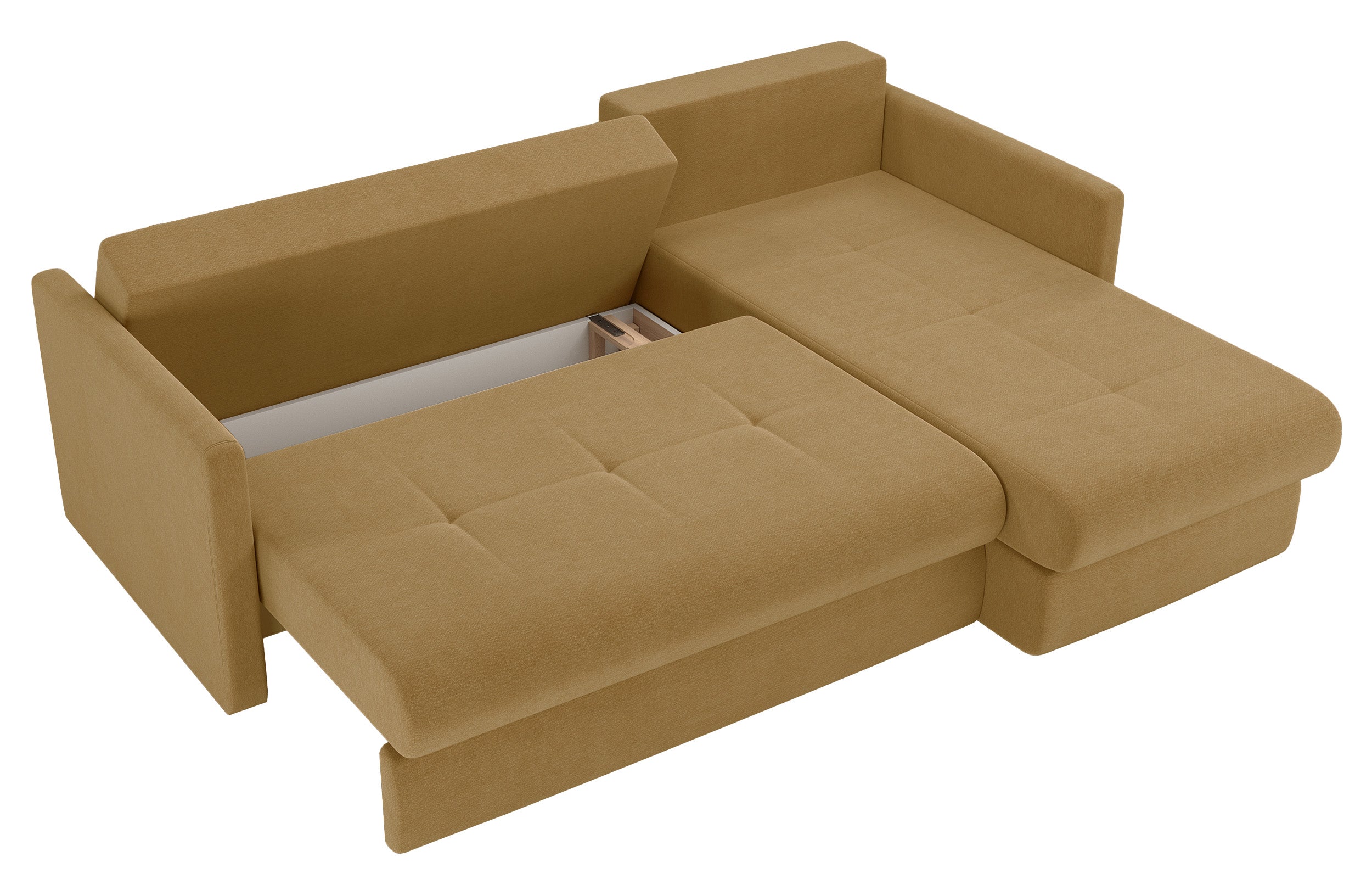 Ecksofa mit Schlaffunktion Lorro, L-förmig, universell, mit zwei Stauraumfächern, senfgelber Chenille-Bezug
