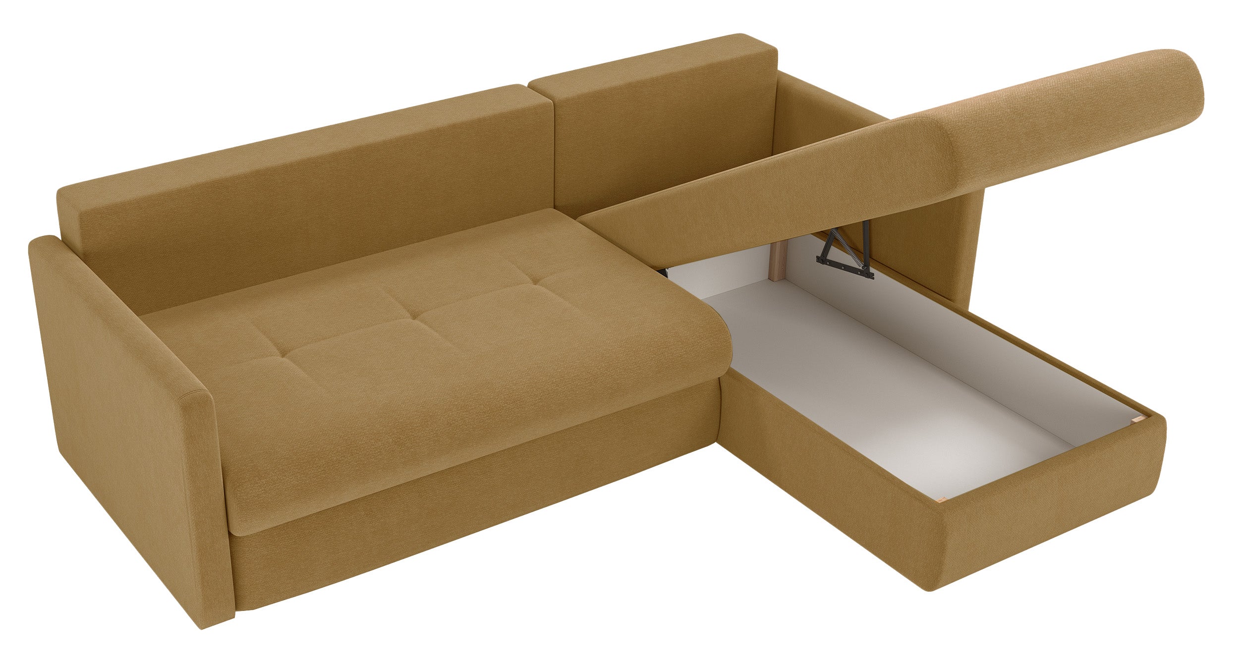 Ecksofa mit Schlaffunktion Lorro, L-förmig, universell, mit zwei Stauraumfächern, senfgelber Chenille-Bezug