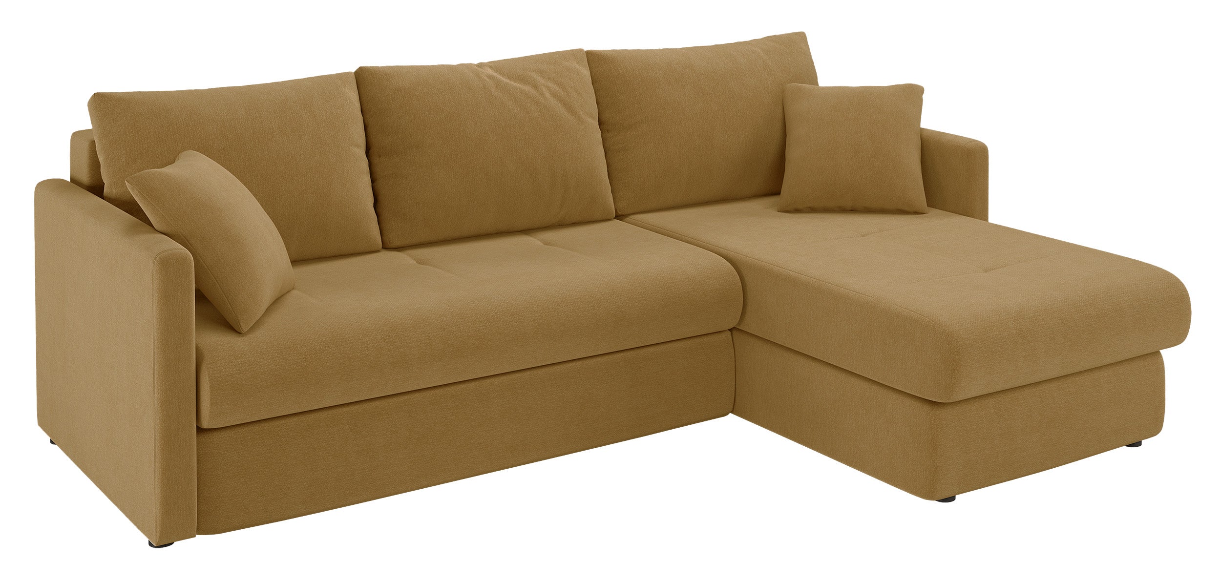 Ecksofa mit Schlaffunktion Lorro, L-förmig, universell, mit zwei Stauraumfächern, senfgelber Chenille-Bezug