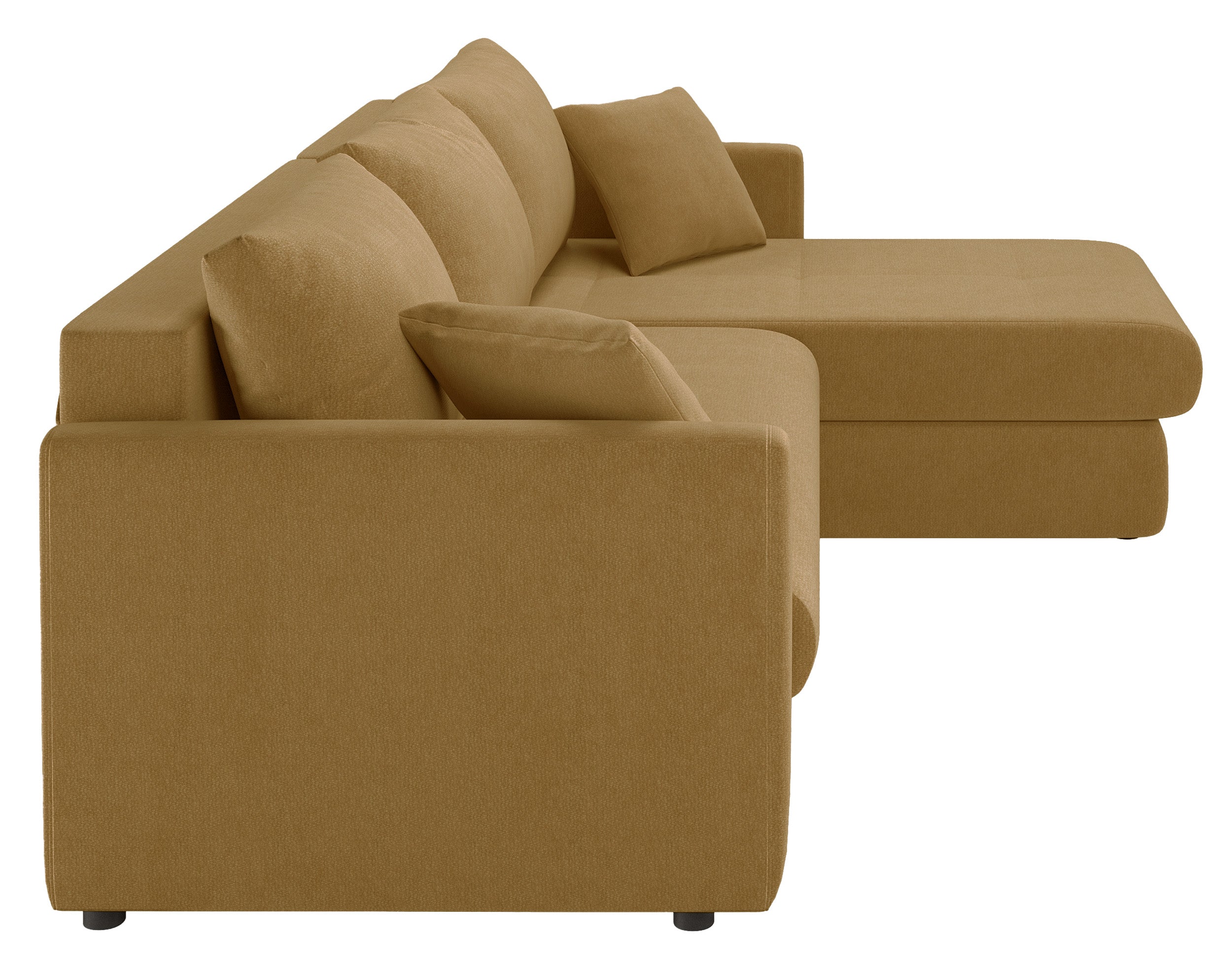 Ecksofa mit Schlaffunktion Lorro, L-förmig, universell, mit zwei Stauraumfächern, senfgelber Chenille-Bezug
