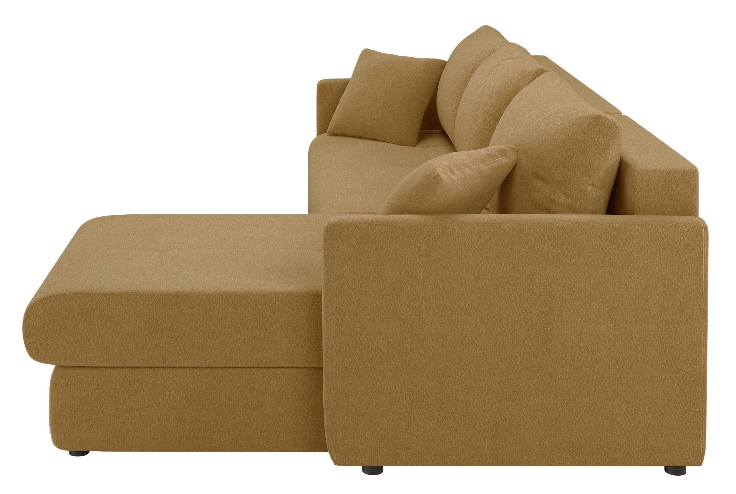 Ecksofa mit Schlaffunktion Lorro, L-förmig, universell, mit zwei Stauraumfächern, senfgelber Chenille-Bezug