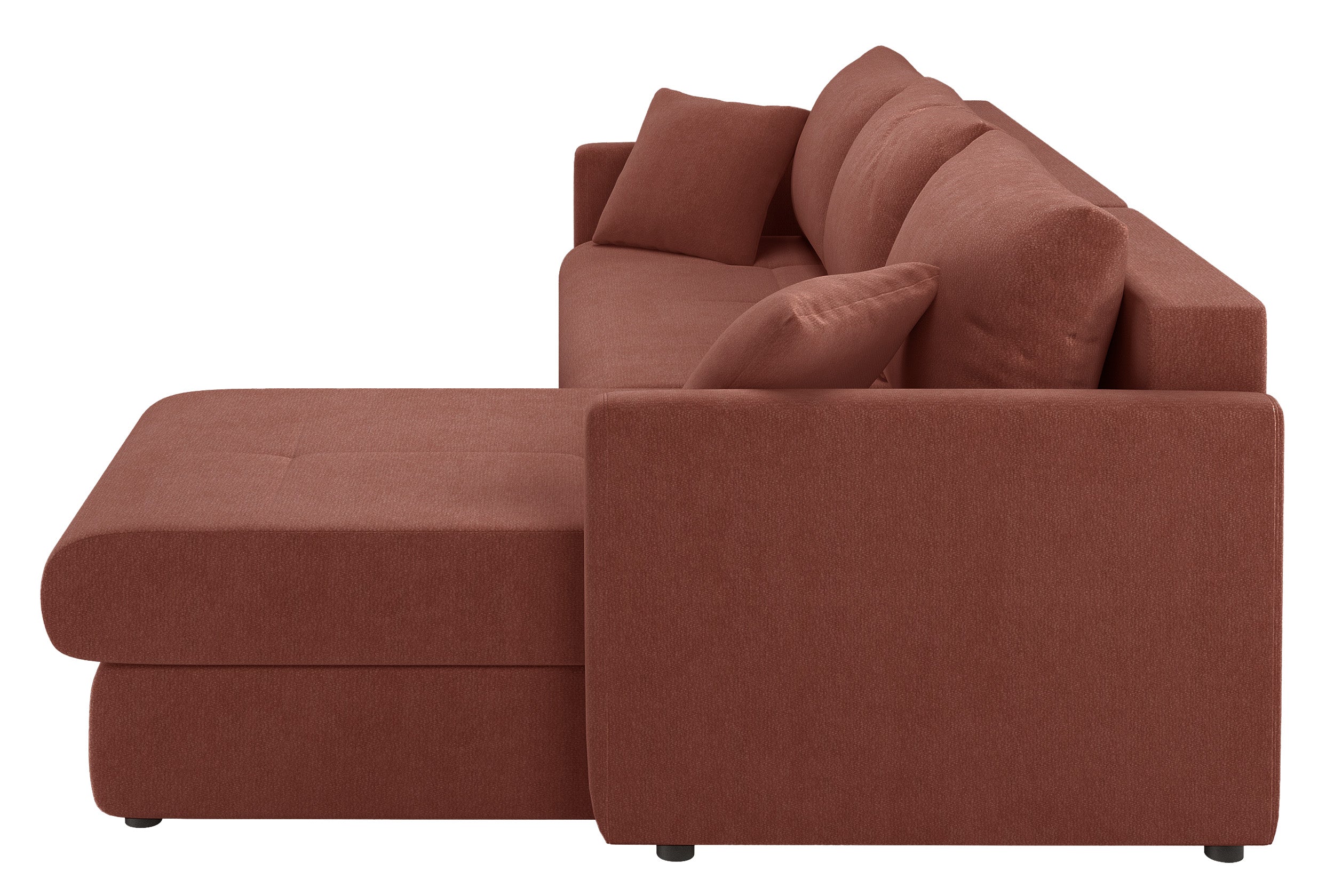 Ecksofa mit Schlaffunktion Lorro, L-förmig, universell mit zwei Stauraumfächern, kupferfarbener Chenillestoff