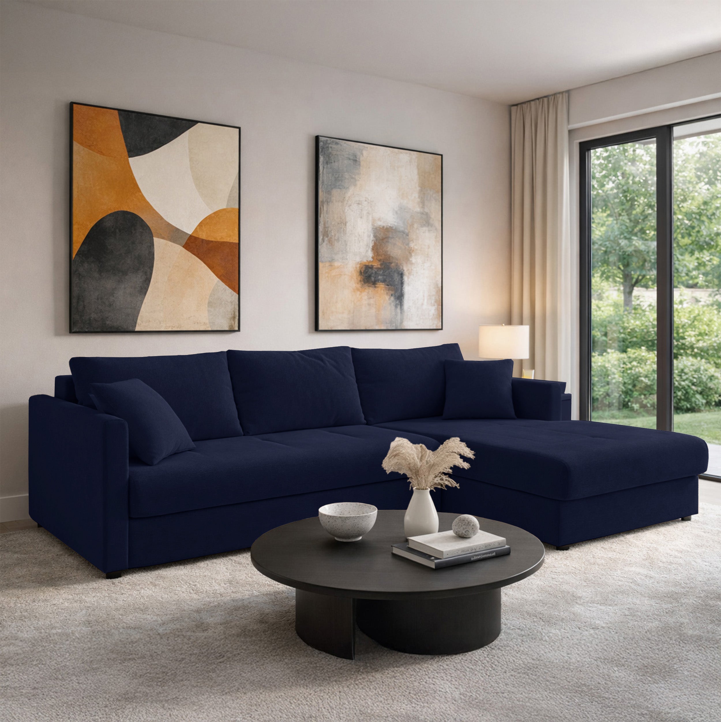 Ecksofa mit Schlafunktion Lorro, L-förmig, universell, mit zwei Stauraumfächern, marineblauer Chenillestoff