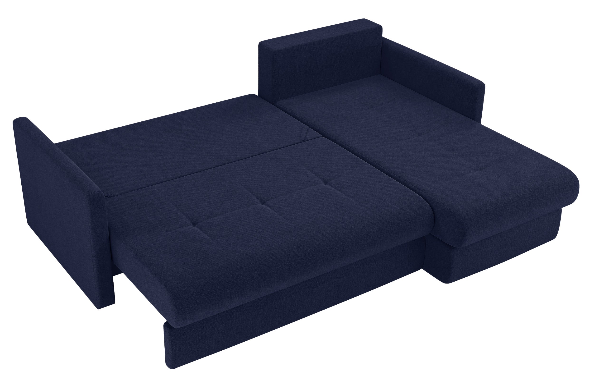 Ecksofa mit Schlafunktion Lorro, L-förmig, universell, mit zwei Stauraumfächern, marineblauer Chenillestoff